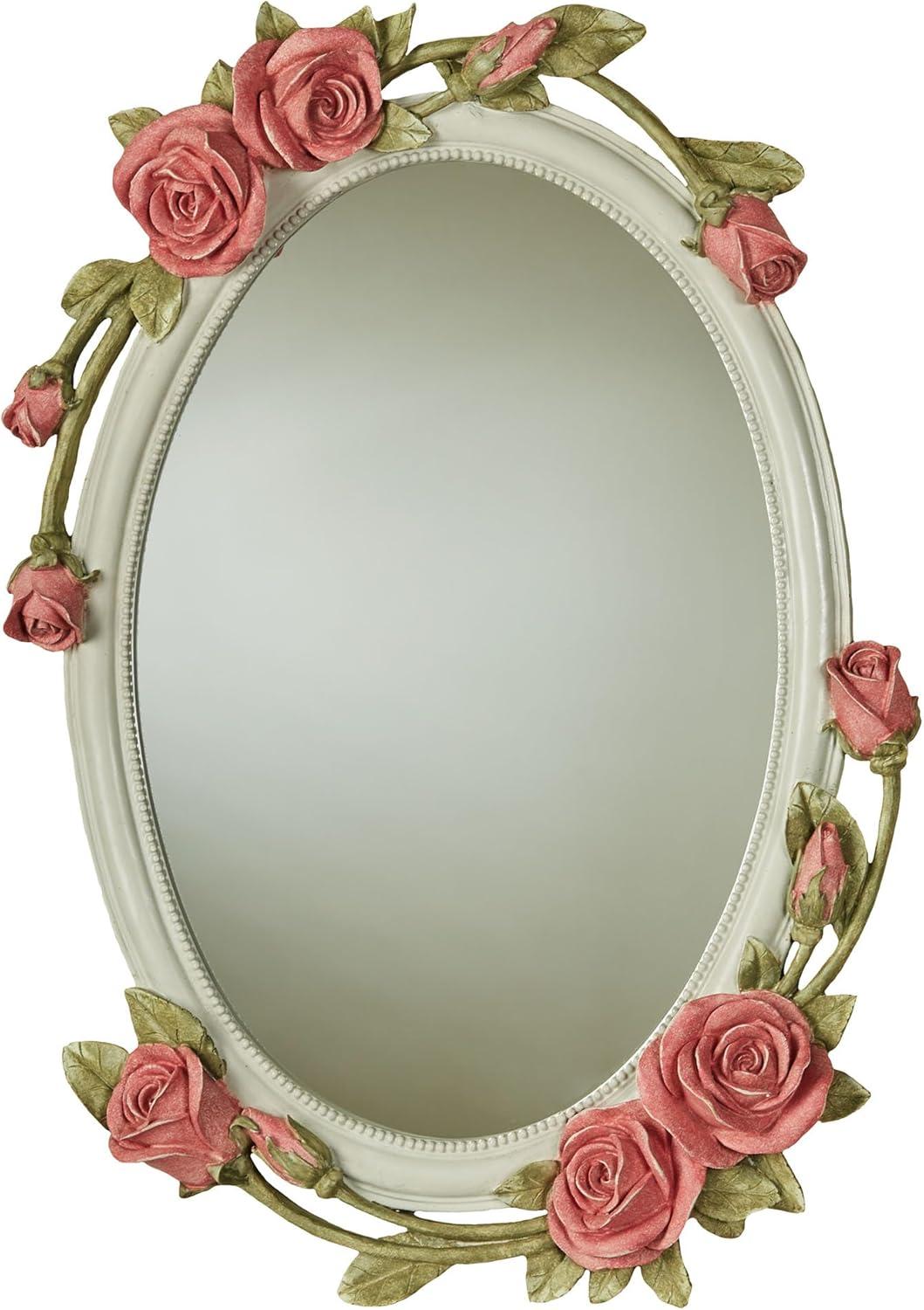 Antique White Oval Resin Wall Mirror with Pink Roses