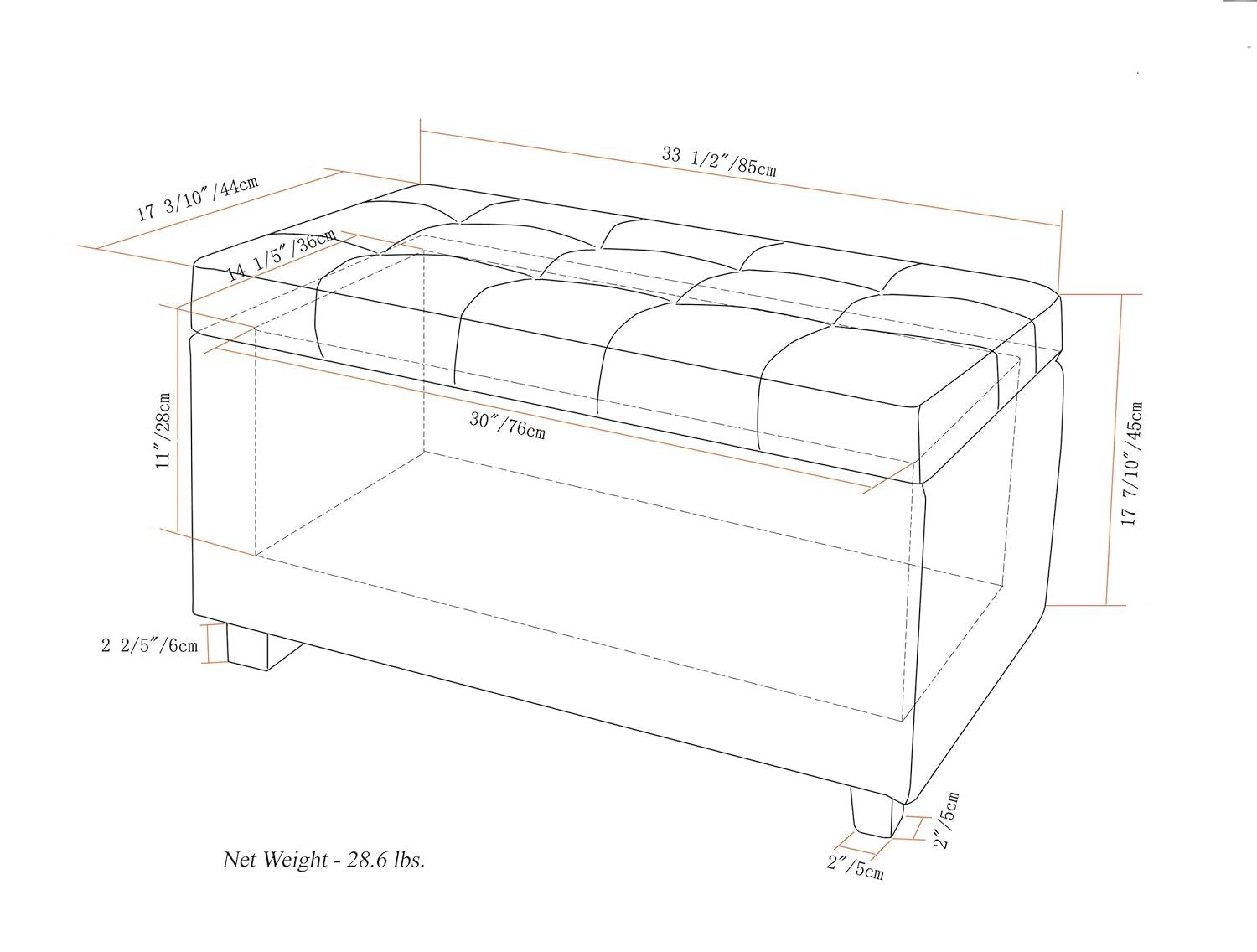 Simpli Home Cosmopolitan 34"W Upholstered Storage Ottoman with Tufted Design and Large Interior Storage