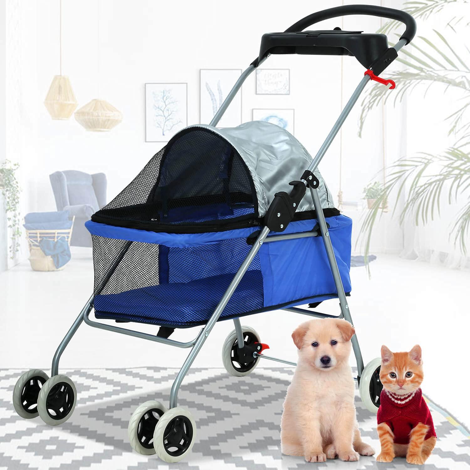 FDW 4 Wheels Pet Stroller Cat Dog Stroller Portable Folding Travel Carrier Strolling Cart Waterproof with Storage Basket,Mesh Windows, Yellow Plaid