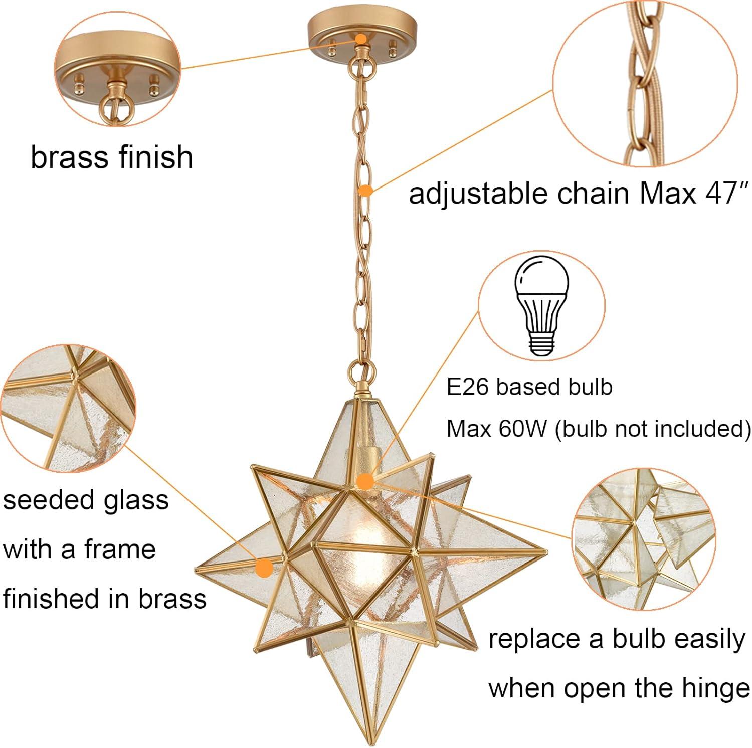 Moravian Star Pendant Chandelier Seeded Glass Gold Light 15 Inches