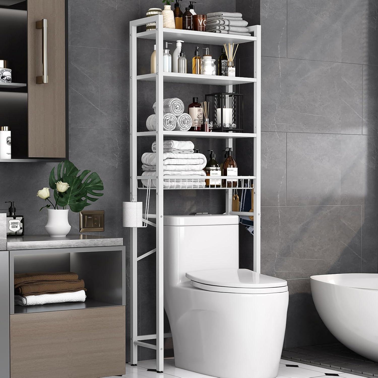 4-Tier Bathroom Organizer Shelf Over Toilet with Adjustable Shelf and Basket