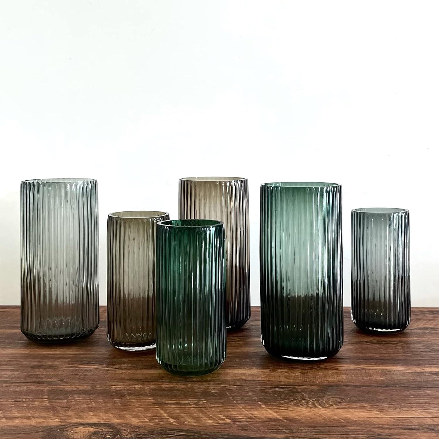 Hand Blown Ribbed Green Glass Decorative Vase