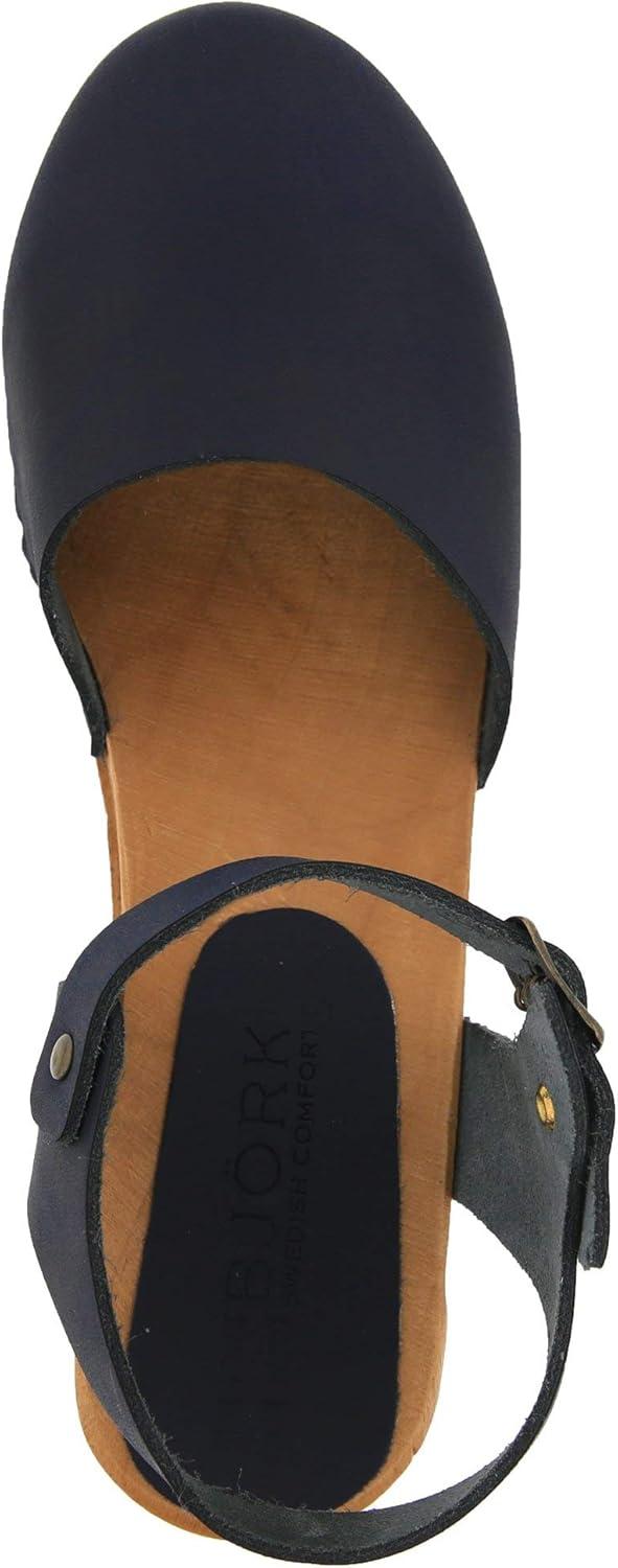 Navy Genuine Leather Ankle Strap Clog Sandals