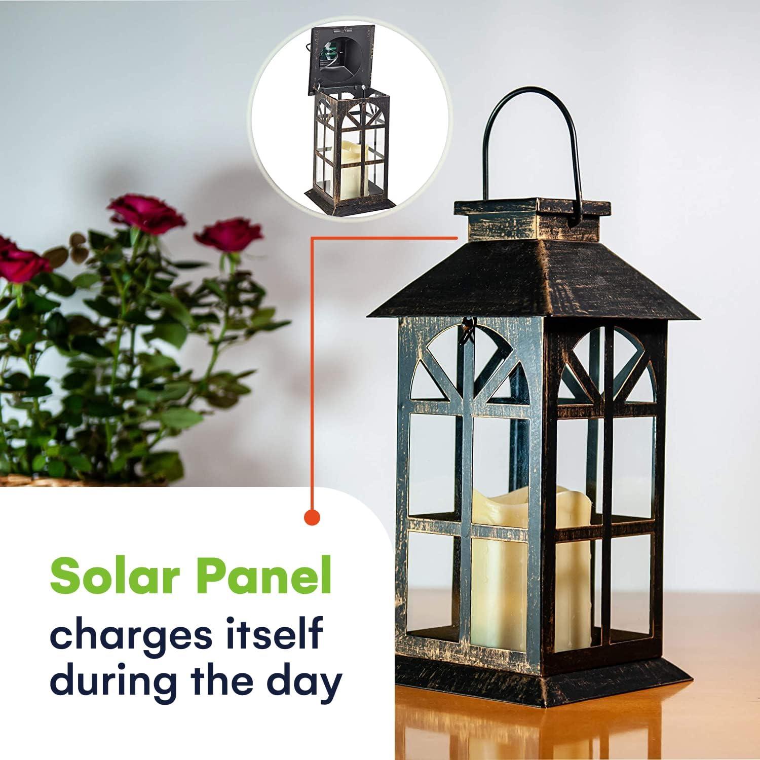 Bronze Antique Solar-Powered LED Lantern with Glass Panels