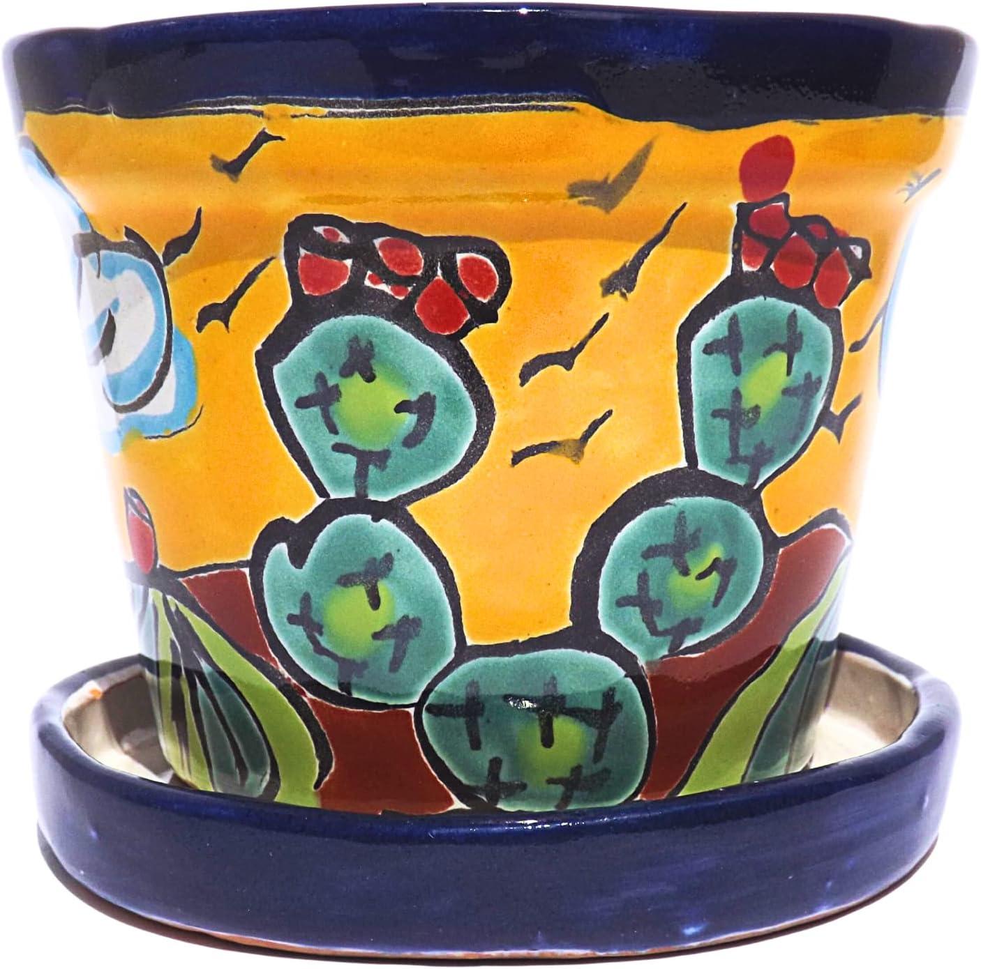 MEXTEQUIL 4" x 4" x 4" Round Yellow Ceramic Talavera Design Plant Pot with Drainage Holes