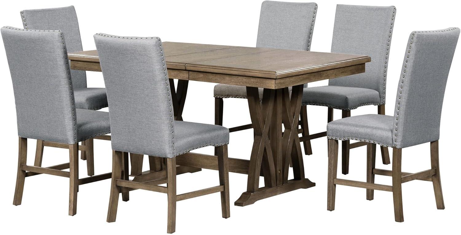 Wood 7-Piece Dining Table Set Extendable Kitchen Table Set with Upholstered Chairs