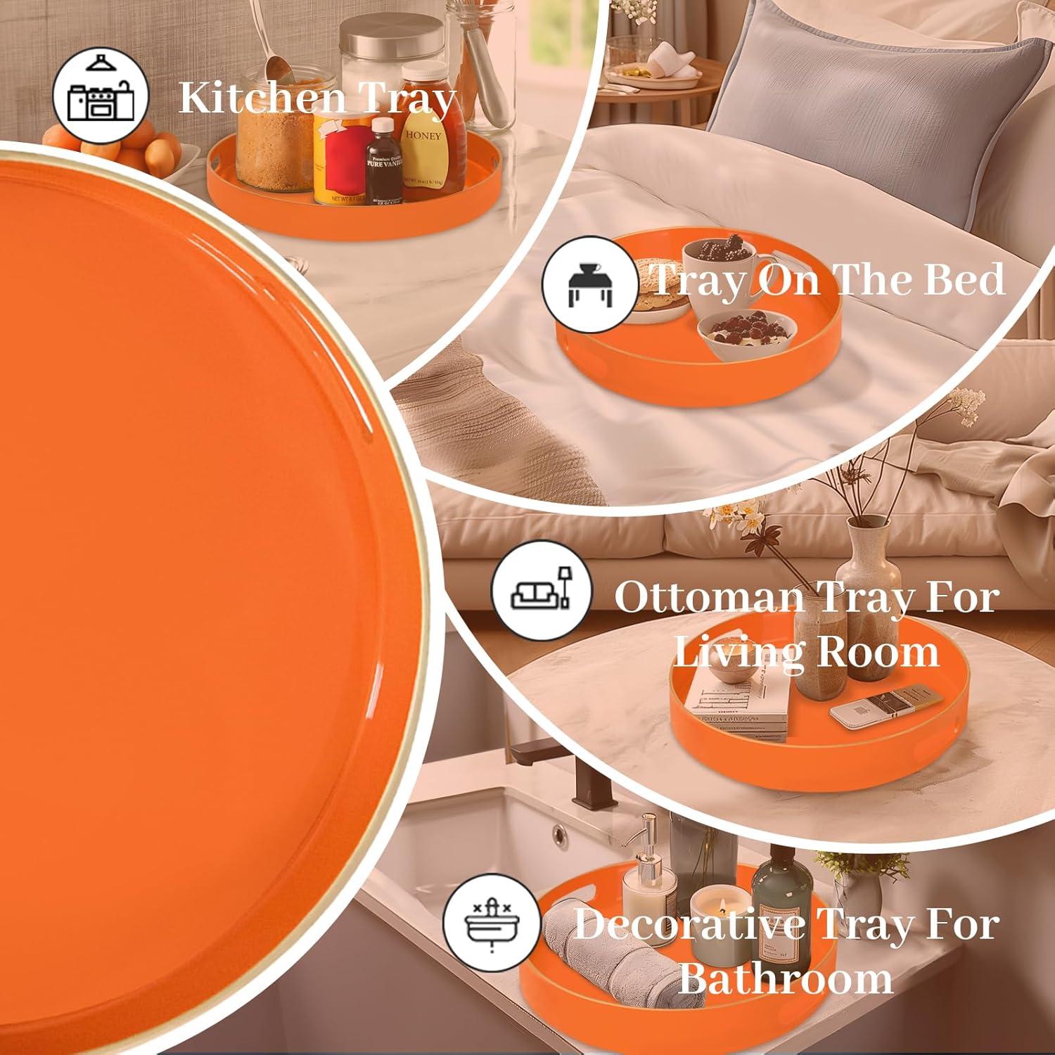MAONAME 13" Round Tray, Orange Serving Tray with Handles, Modern Decorative Trays for Coffee Table, Plastic Ottoman Trays for Ottoman, Bathroom, Halloween Decor