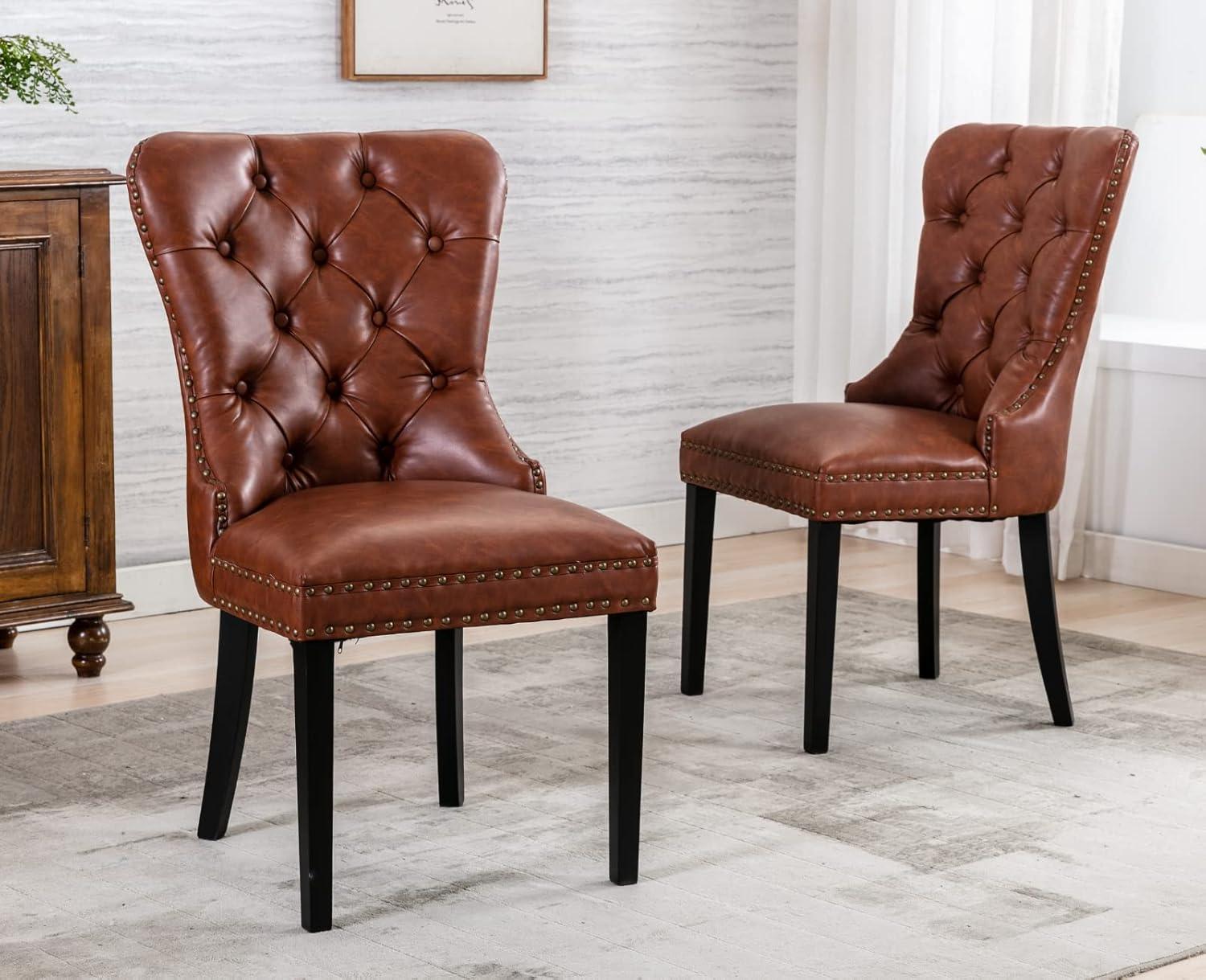 Brown Tufted Upholstered Side Chair with Wood Legs