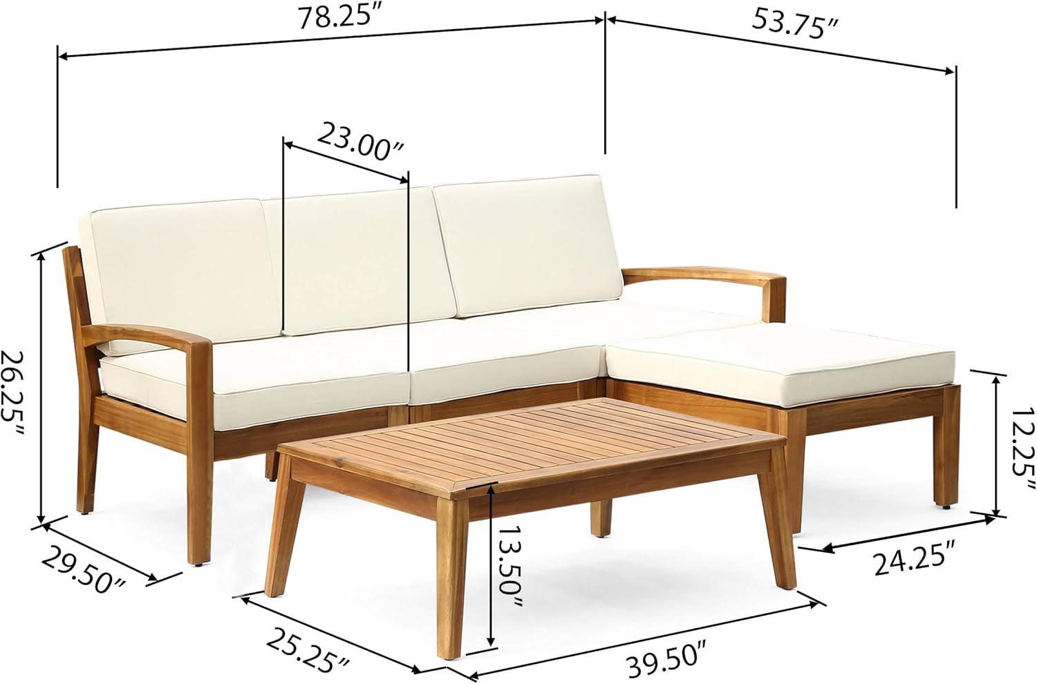 GDF Studio Parma Outdoor Acacia Wood 3 Seater Sectional Sofa Set with Ottoman, Teak and Beige