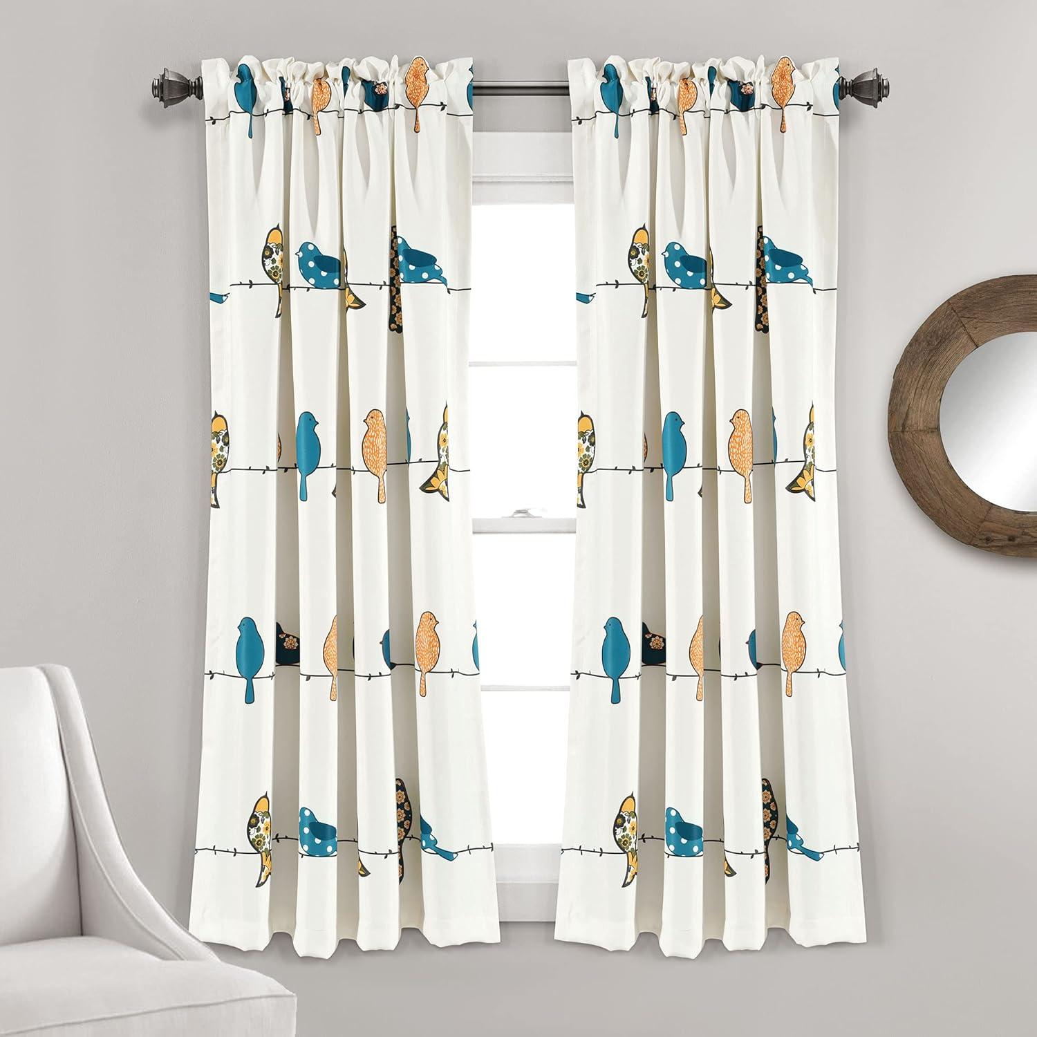 Set of 2 (63"x52") Rowley Birds Light Filtering Window Curtain Panels Blue/Orange - Lush Décor: Microfiber Rod Pocket