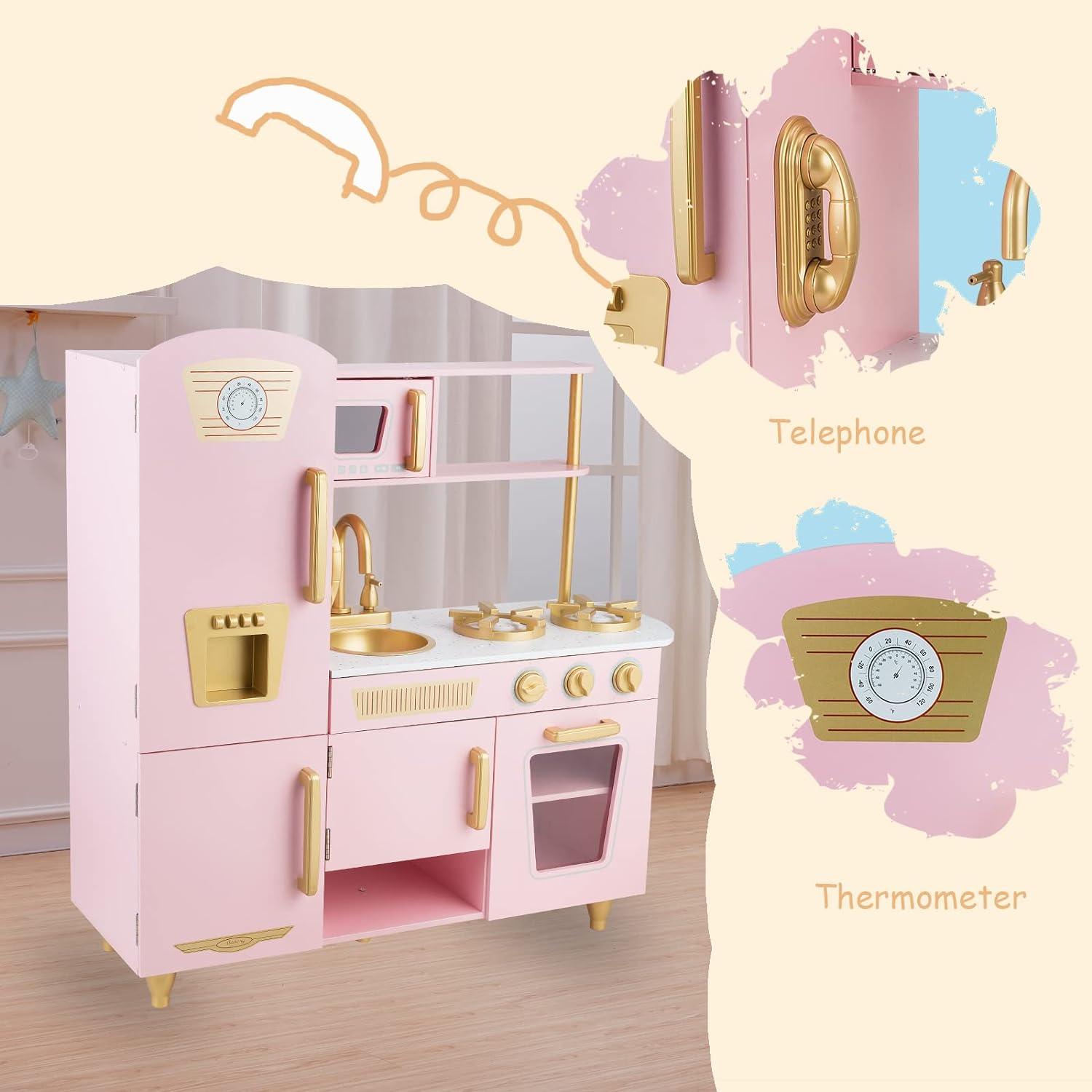 Pink Wooden Kids Kitchen Playset with Telephone and Ice Maker