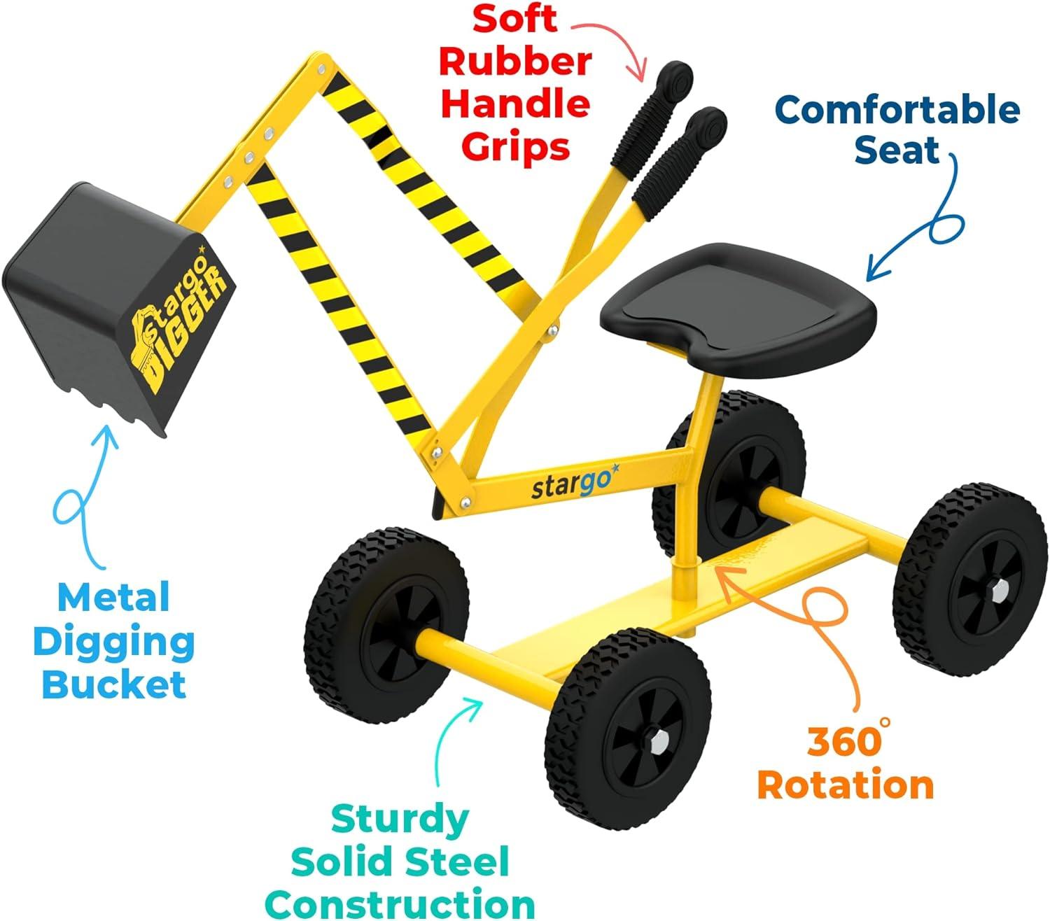 BalanceFrom Sandbox Digger Toy with Wheels, Excavator Sandbox Toy for Kids, Support 360-degree Rotation, Steel Outdoor Beach Toys, Yellow