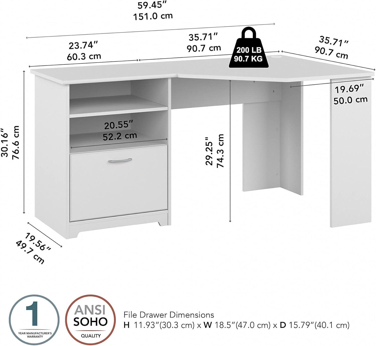 Elegant White Corner Desk with Drawer and Filing Cabinet