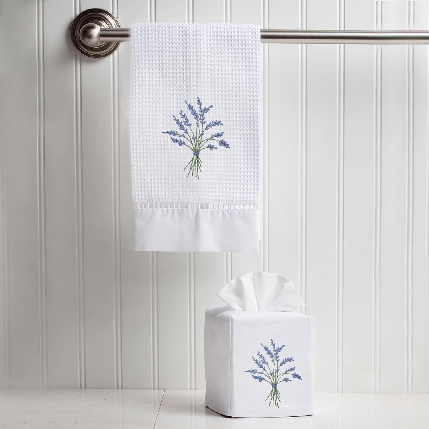 White Linen Square Tissue Box Cover with Blue Embroidered Botanical Design