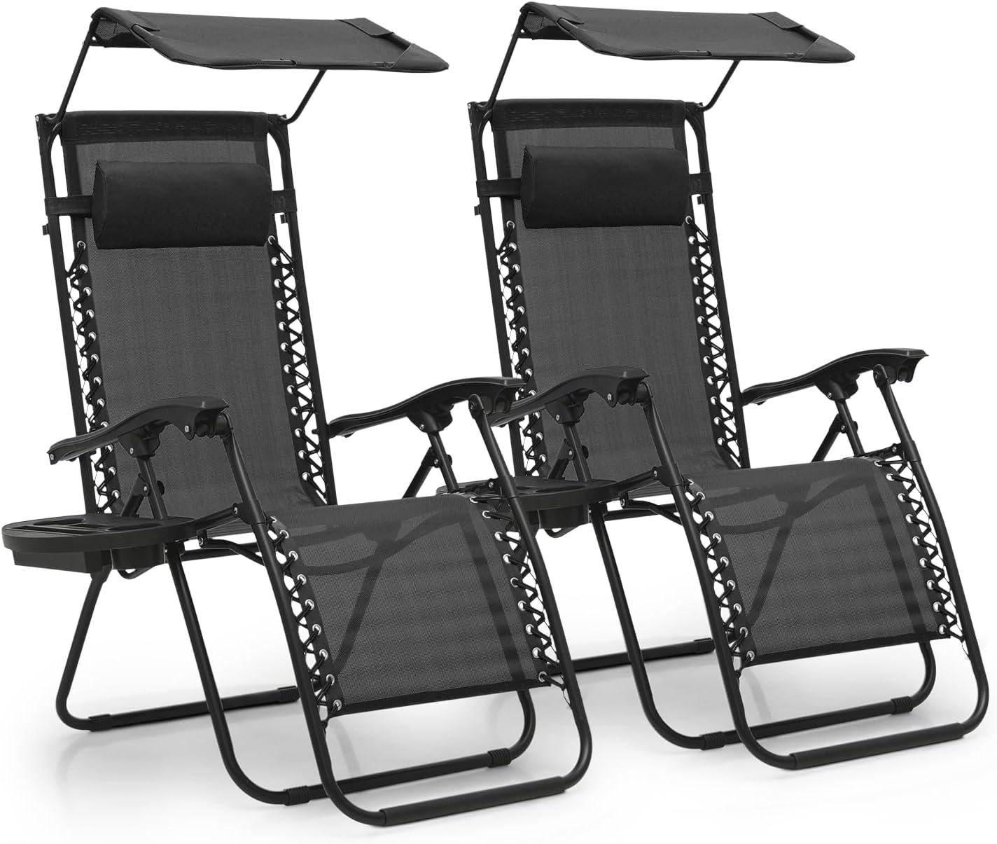 MoNiBloom Zero Gravity Chairs Set of 2, Folding Outdoor Patio Beach Recliner with Canopy Shade & Headrest, Black