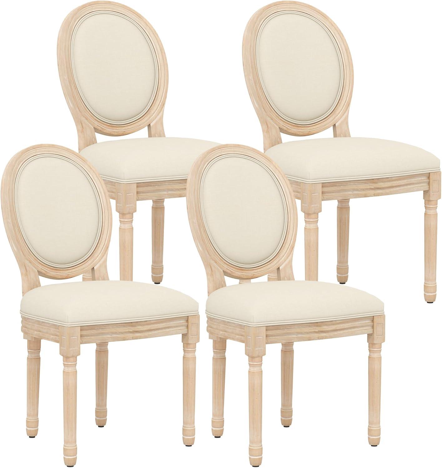 French Country Dining Chairs Set of 4, Cream Kitchen & Dining Room Chairs Set of 4, Ivory Linen Upholstered Dining Chairs, Wood Legs, Sillas De Comedor (Fabric, Beige, 4Pcs)