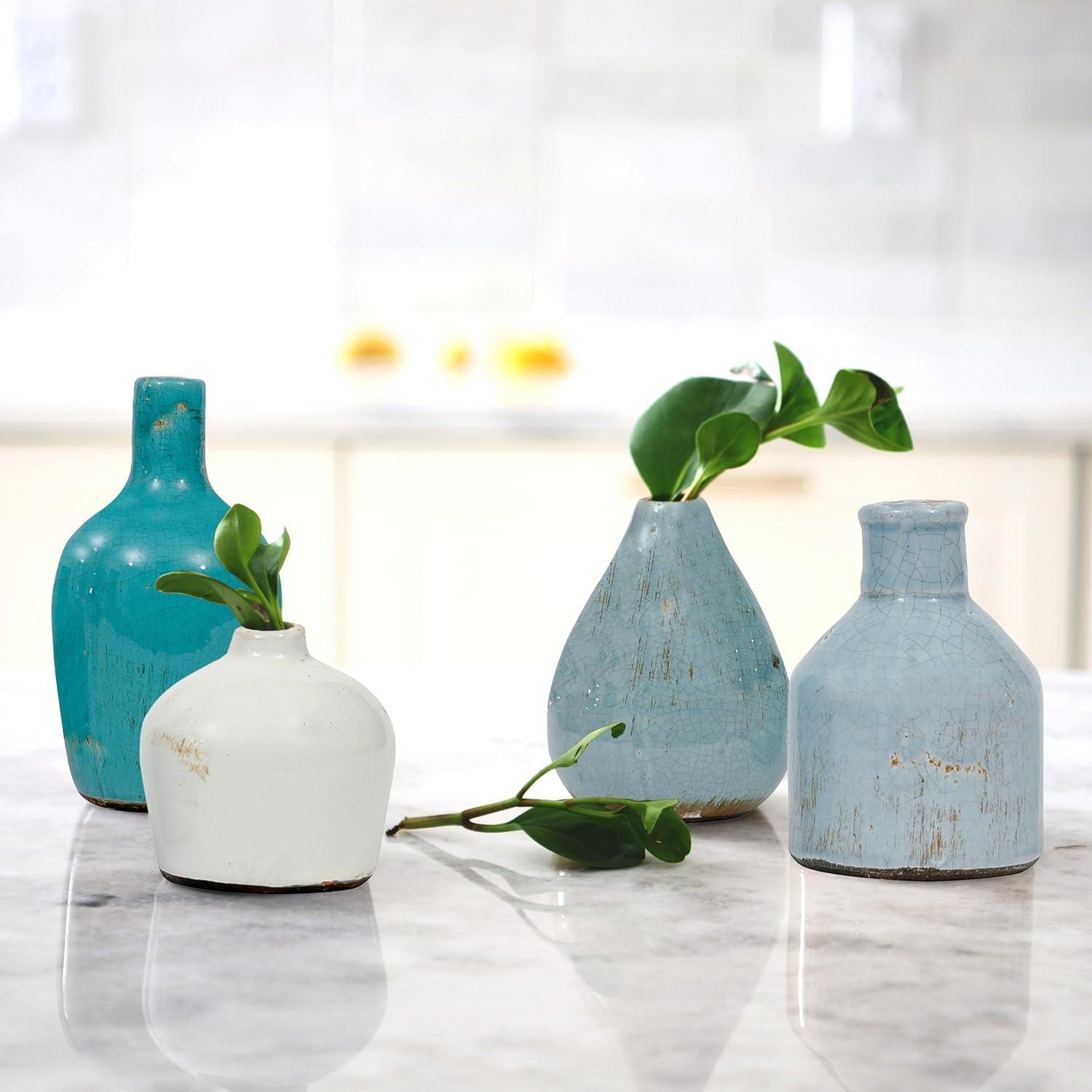 Storied Home Set of 4 Terra-cotta Vases Blue & White - Handmade Pottery, Not Dishwasher-Safe