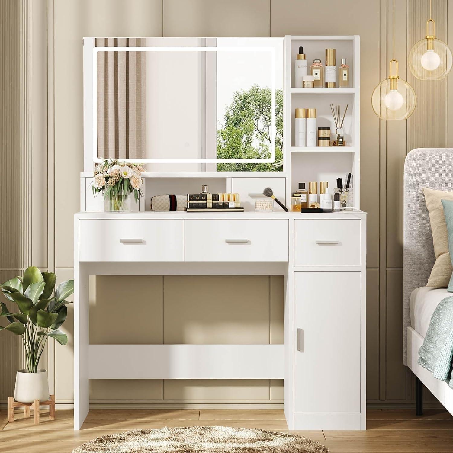 Vanity Desk with Large LED Mirror, Large Vanity Table with Charging Station, Makeup Vanity Desk with Drawers for Bedroom Dressing Room, Women Girls