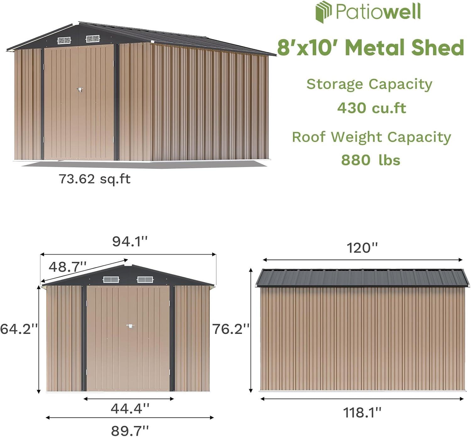 Patiowell 8' x 10' Outdoor Storage Shed, Large Garden Tool Metal Shed with Sloping Roof and Double Lockable Door, Outdoor Shed for Backyard Garden Patio Lawn, Brown