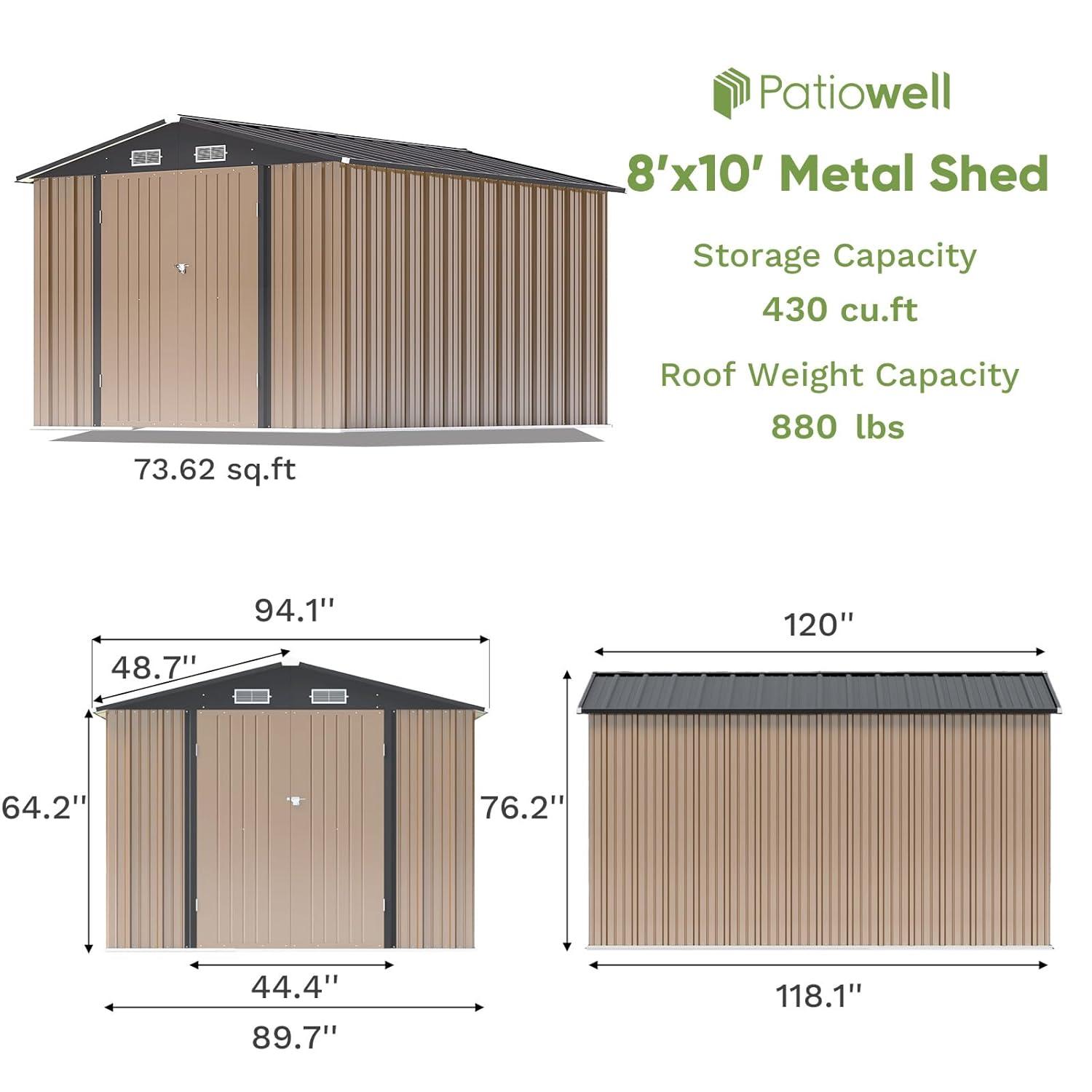 Patiowell 8' x 10' Outdoor Storage Shed, Large Garden Tool Metal Shed with Sloping Roof and Double Lockable Door, Outdoor Shed for Backyard Garden Patio Lawn, Brown