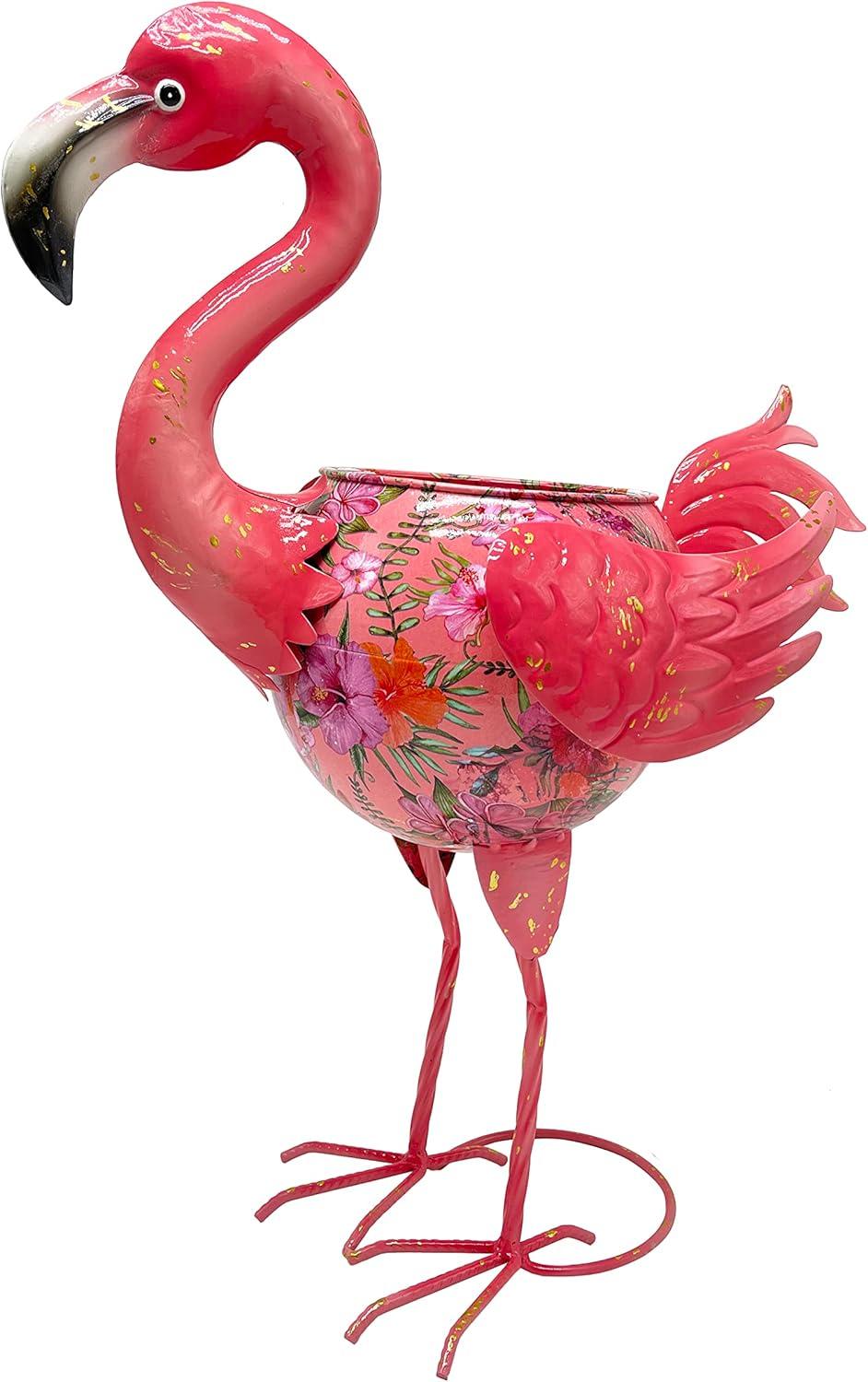 Colorful Enameled Metal Flamingo Planter with Flower Pattern - Pink