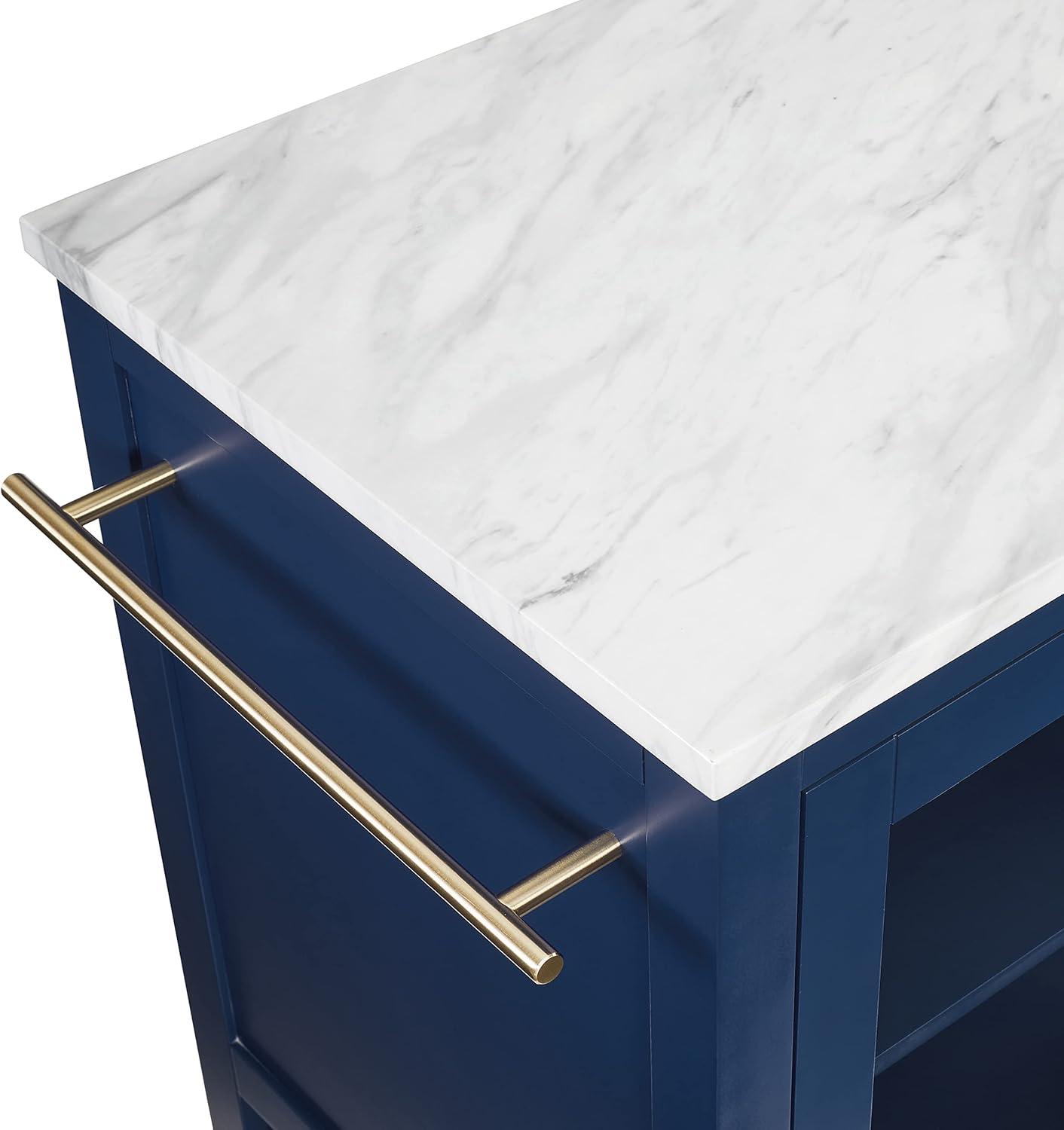 Katrina Kitchen Island Navy/White Marble - Crosley: Faux Marble Top, Glass Doors, Towel Bars