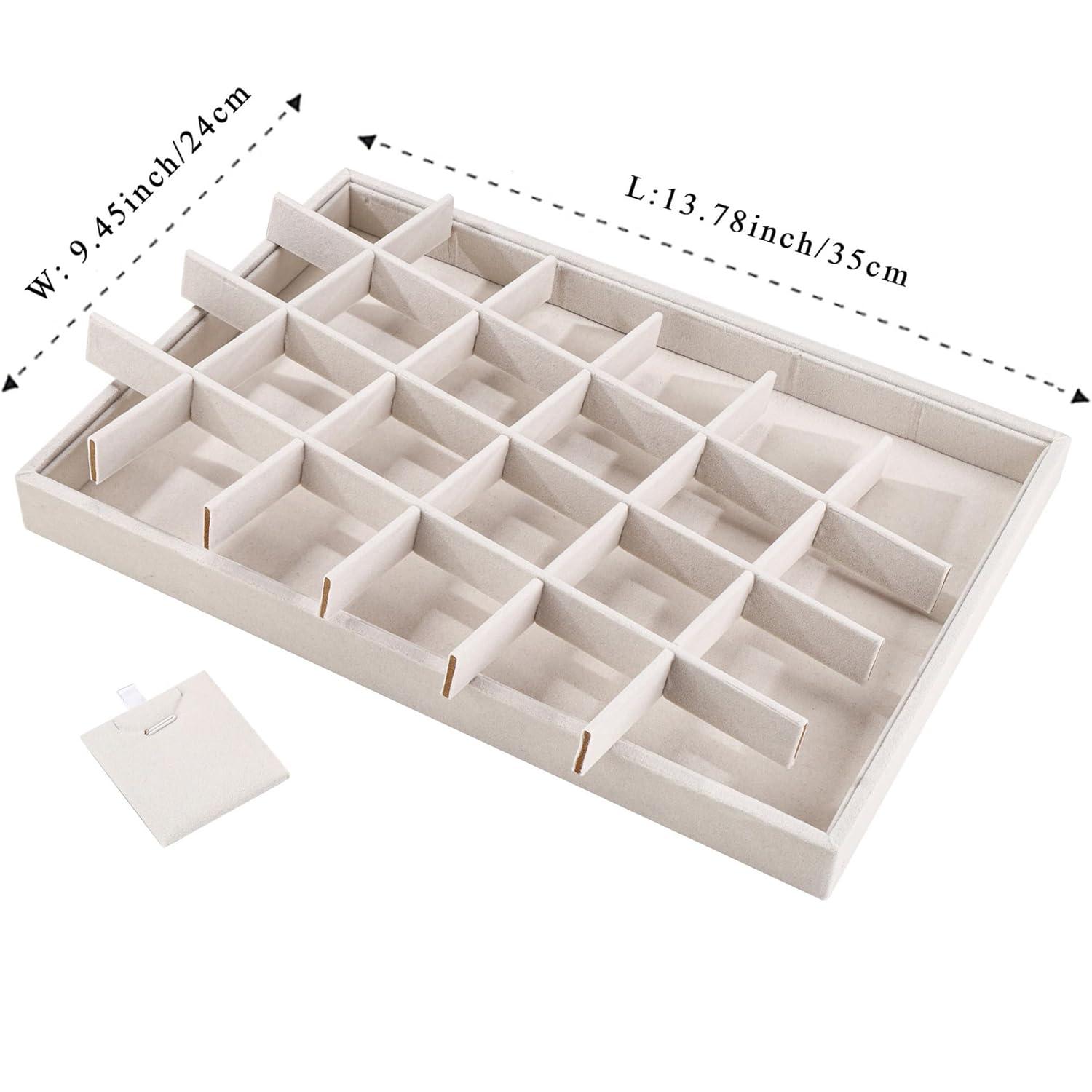 Elegant Beige Linen 24-Compartment Jewelry Tray Organizer
