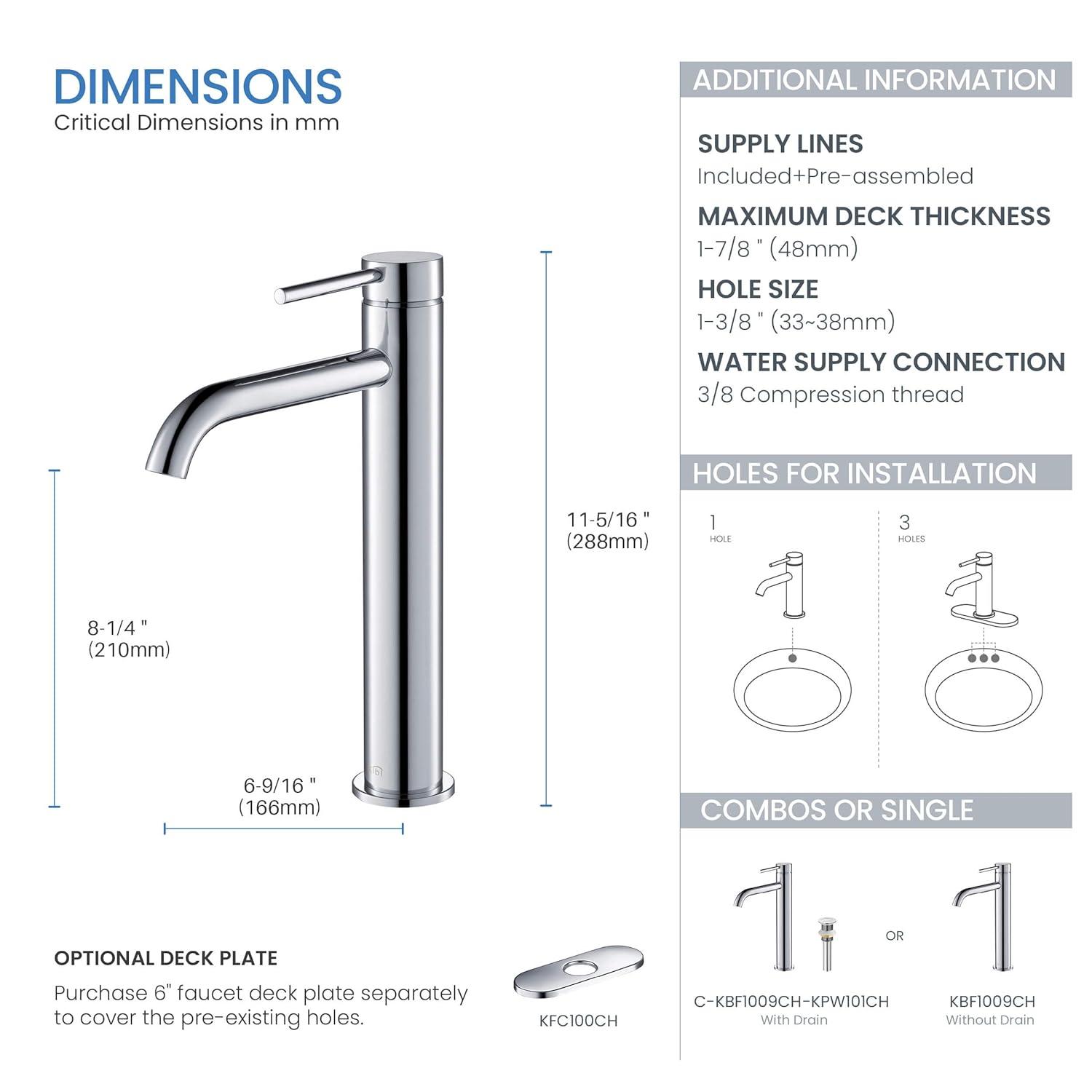 KIBI C-KBF1009CH-KPW101CH Circular Vessel Sink Faucet Single-handle Bathroom Faucet