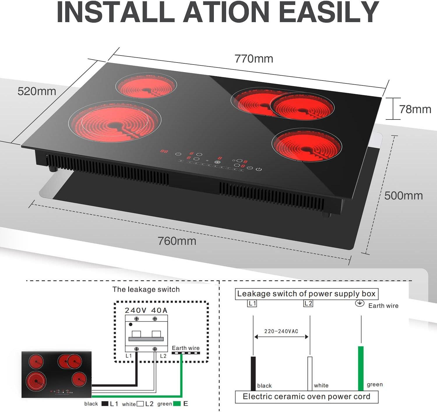 IsEasy 4 Burner Electric Cooktop 30 Inch Built-In Ceramic Cooktop Top, Electric Radiant Cooktop with Pause Function, Electric Stove Top, 220-240V 7200W, 9 Power Levels, Flexible Heating Zones