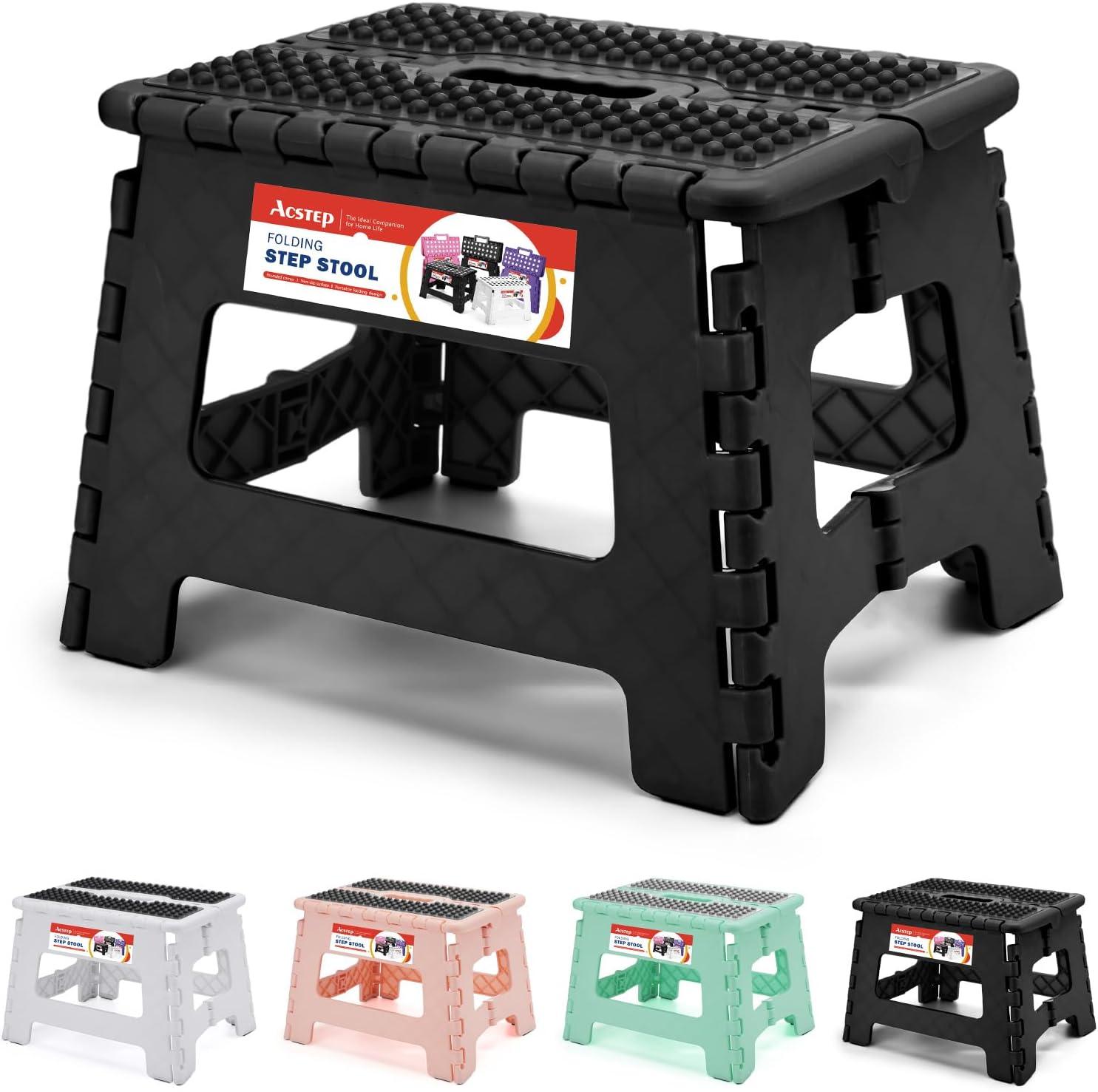 ACSTEP Folding Step Stool 9'' Tall Kids Step Stool Plastic Step Stools with Non-Slip Surface - Black