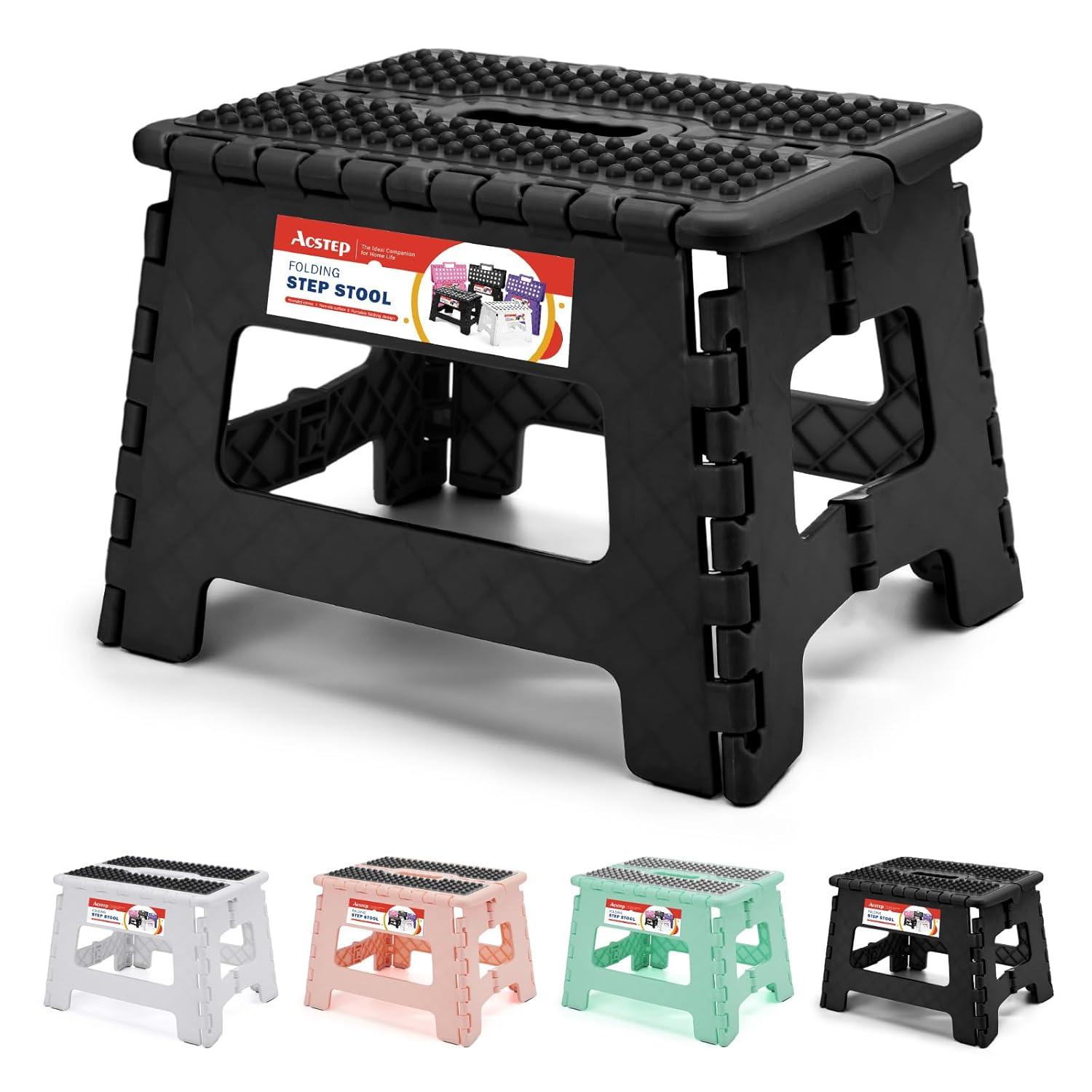 ACSTEP Folding Step Stool 9'' Tall Kids Step Stool Plastic Step Stools with Non-Slip Surface - Black