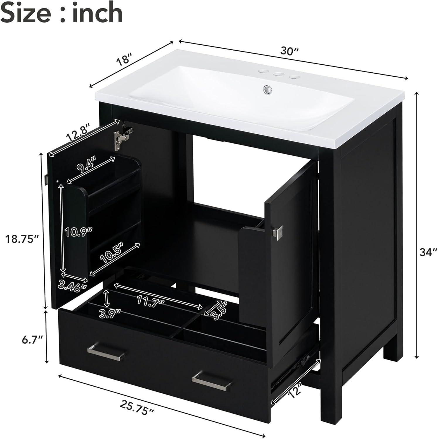 30" Bathroom Vanity with Sink, Modern Under Sink Cabinet with 2 Doors and 1 Drawer, Floor Storage Cabinet for Bathroom with Removable Divider and Double Shelf, Black