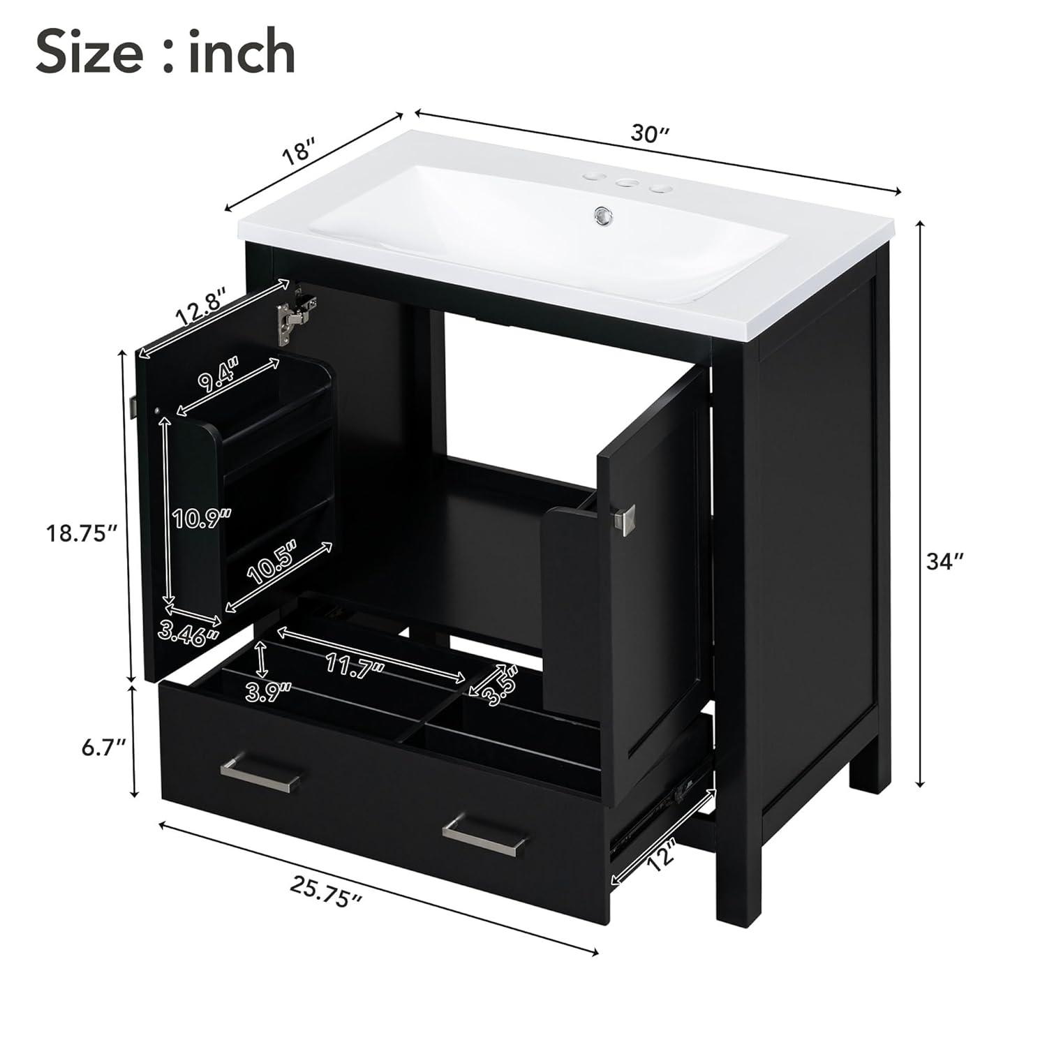 30" Bathroom Vanity with Sink, Modern Under Sink Cabinet with 2 Doors and 1 Drawer, Floor Storage Cabinet for Bathroom with Removable Divider and Double Shelf, Black