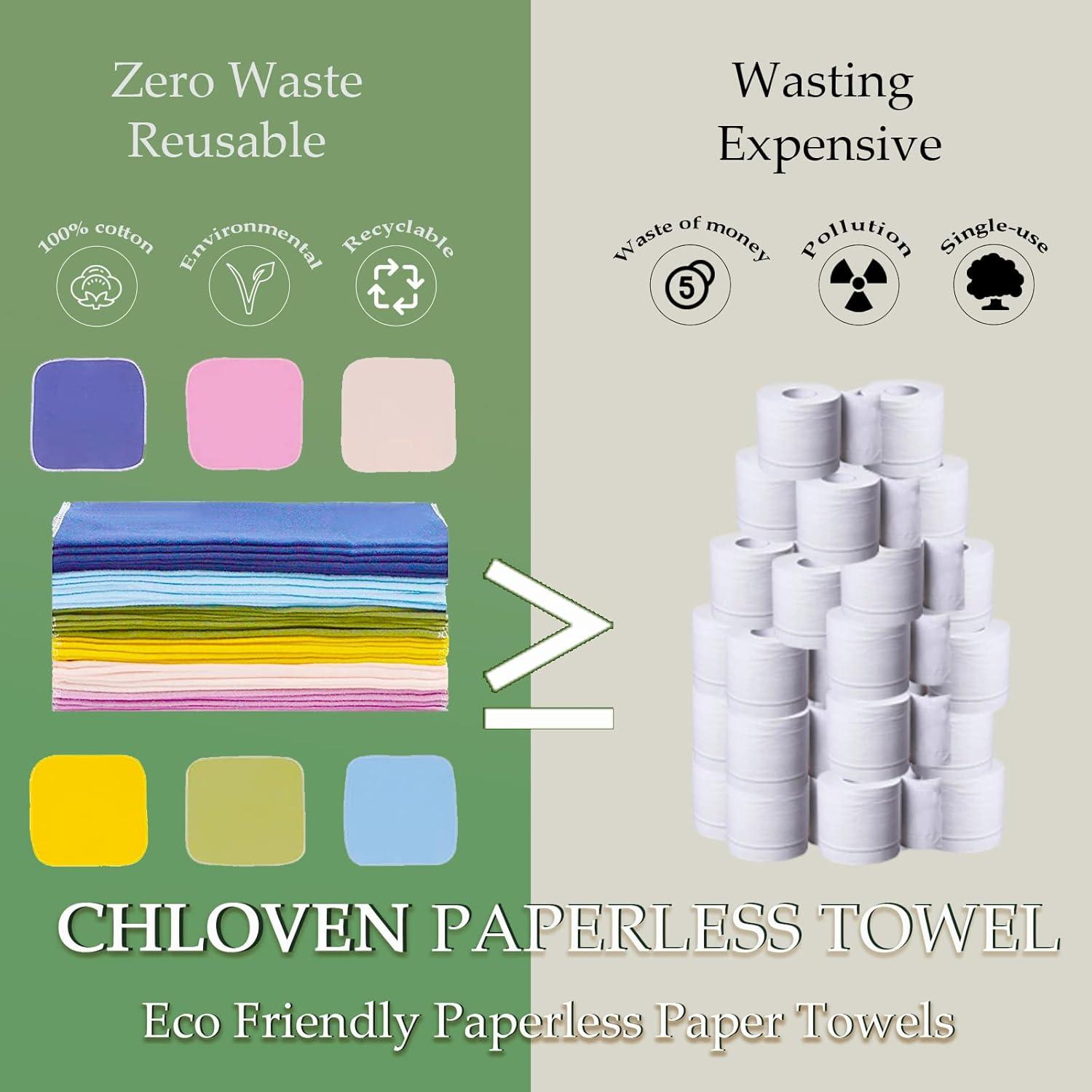 Chloven Reusable Paperless Towels, Washable 100% Cotton Cloth Paperless Towels - 30 Pack 10'' X 10'' Zero Waste Reusable Napkins Eco Friendly Paperless Paper Towels, Solid color