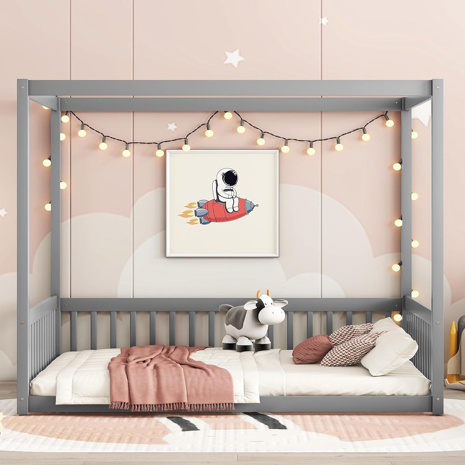 Canopy Frame Twin Size Floor Bed for Kids Bedroom,Wood Bed Frame with Fence for Boys/Girls/Teens,No Box Spring Needed,Natural