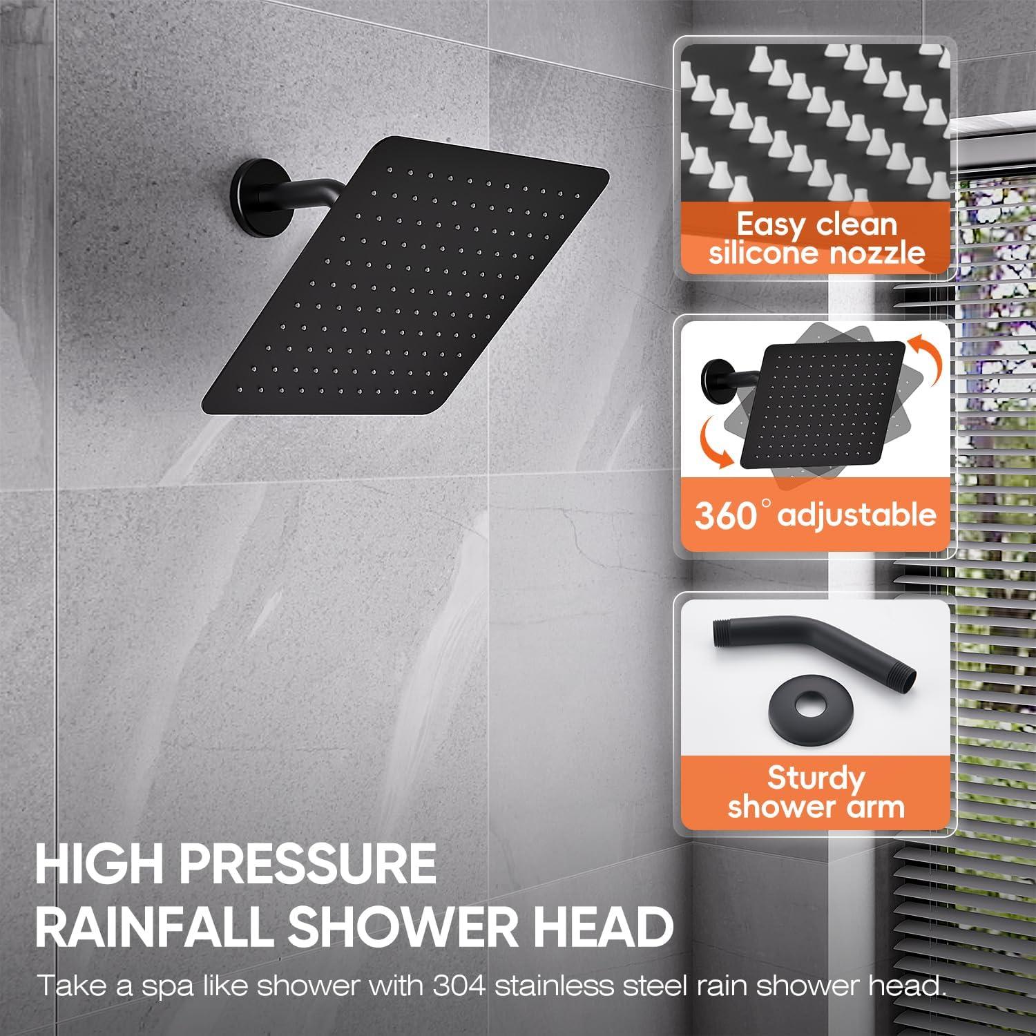 Black Shower Faucet Shower Trim Kit with Mixer Valve 8in Rain Shower Head Combos