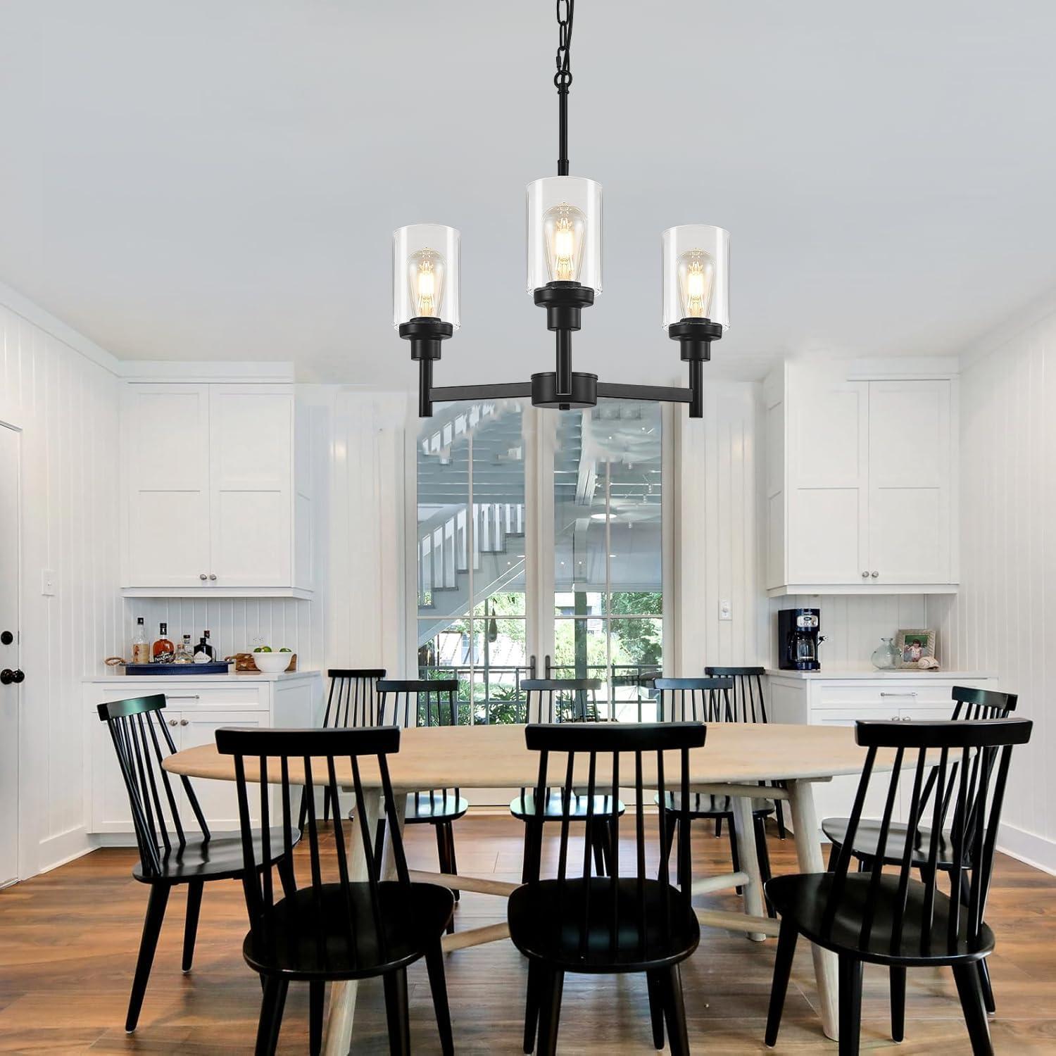 Black Chandelier for Dinning Room Living Room Island Kitchen Chandelier Light Fixtures Over Table, 3 Light Farmhouse Chandelier with Cylinder Clear Glass, Height Adjustable