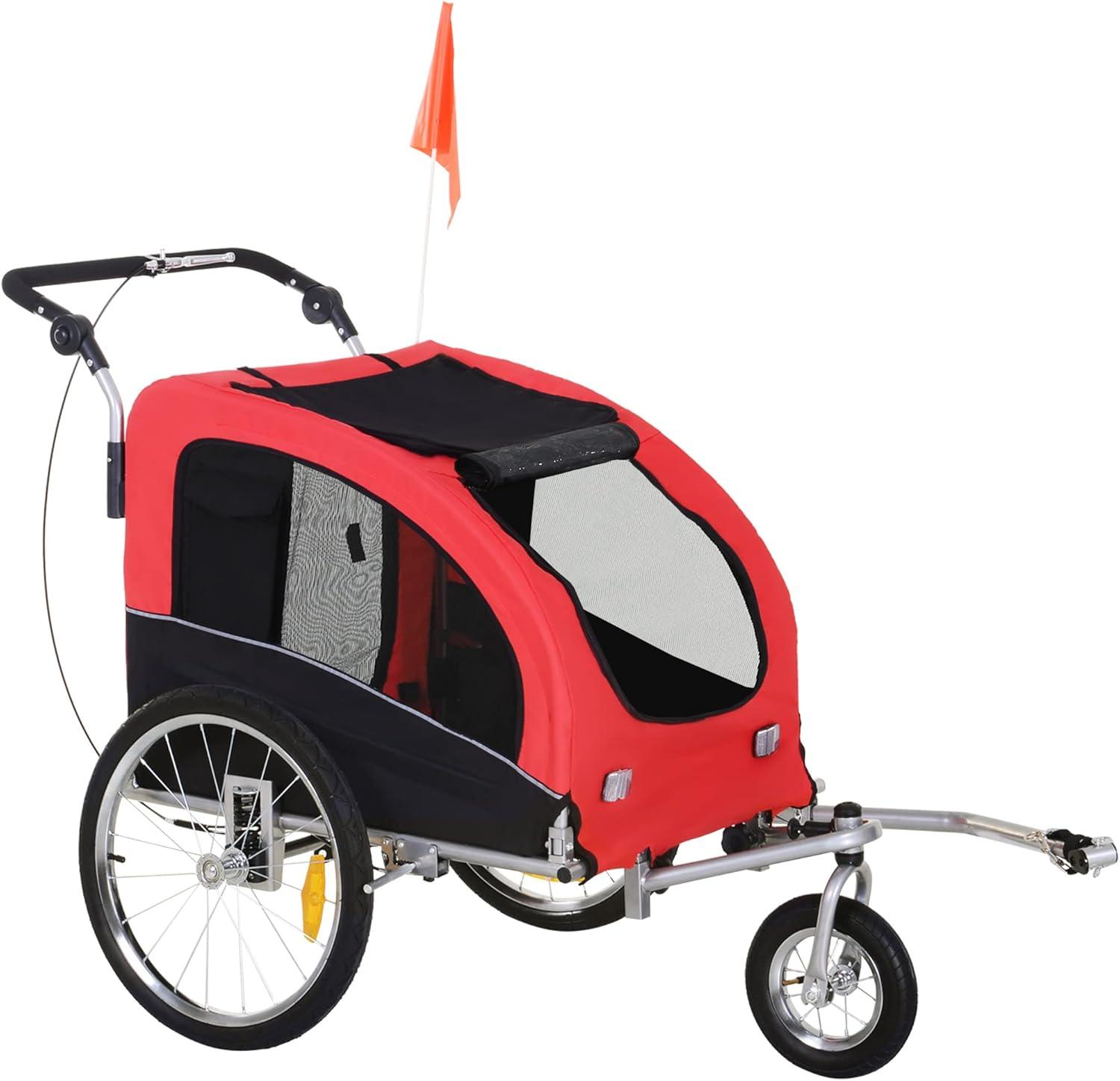 Red and Black 2-in-1 Pet Bicycle Trailer and Stroller with Canopy