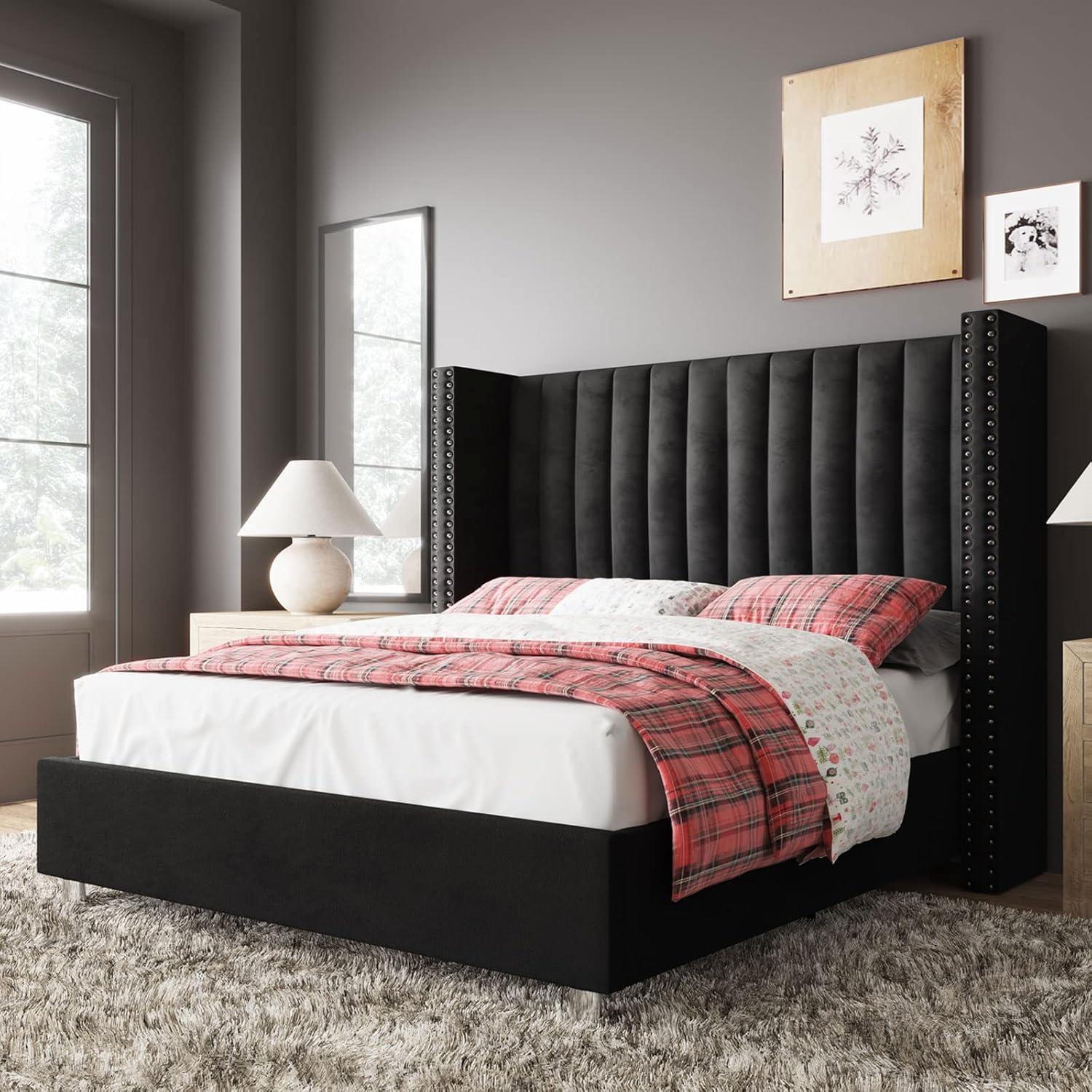 Jocisland Bed Frame Queen Size Upholstered Bed Wingback Headborad Velvet Channel Tufted/No Box Spring Needed/Black