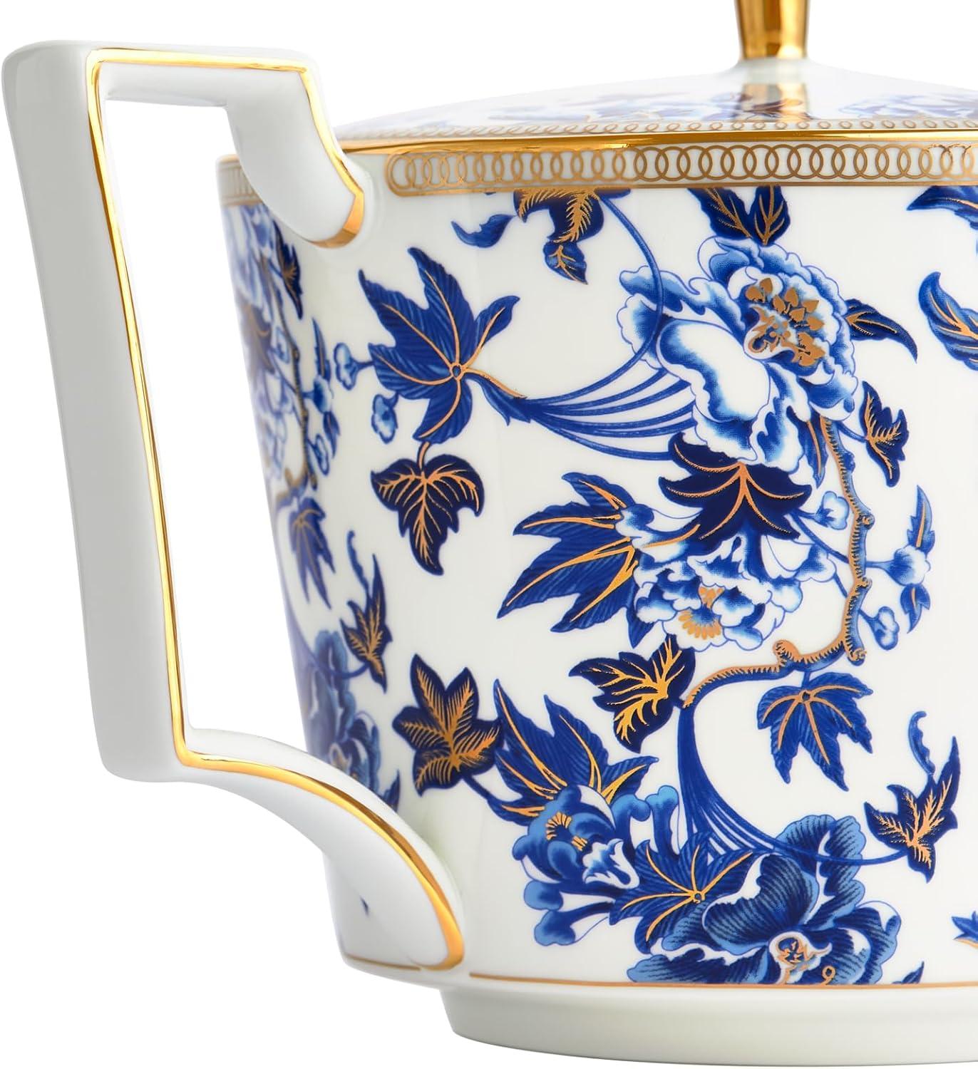 Blue and Gold Floral Bone China Teapot with 22-Carat Gold