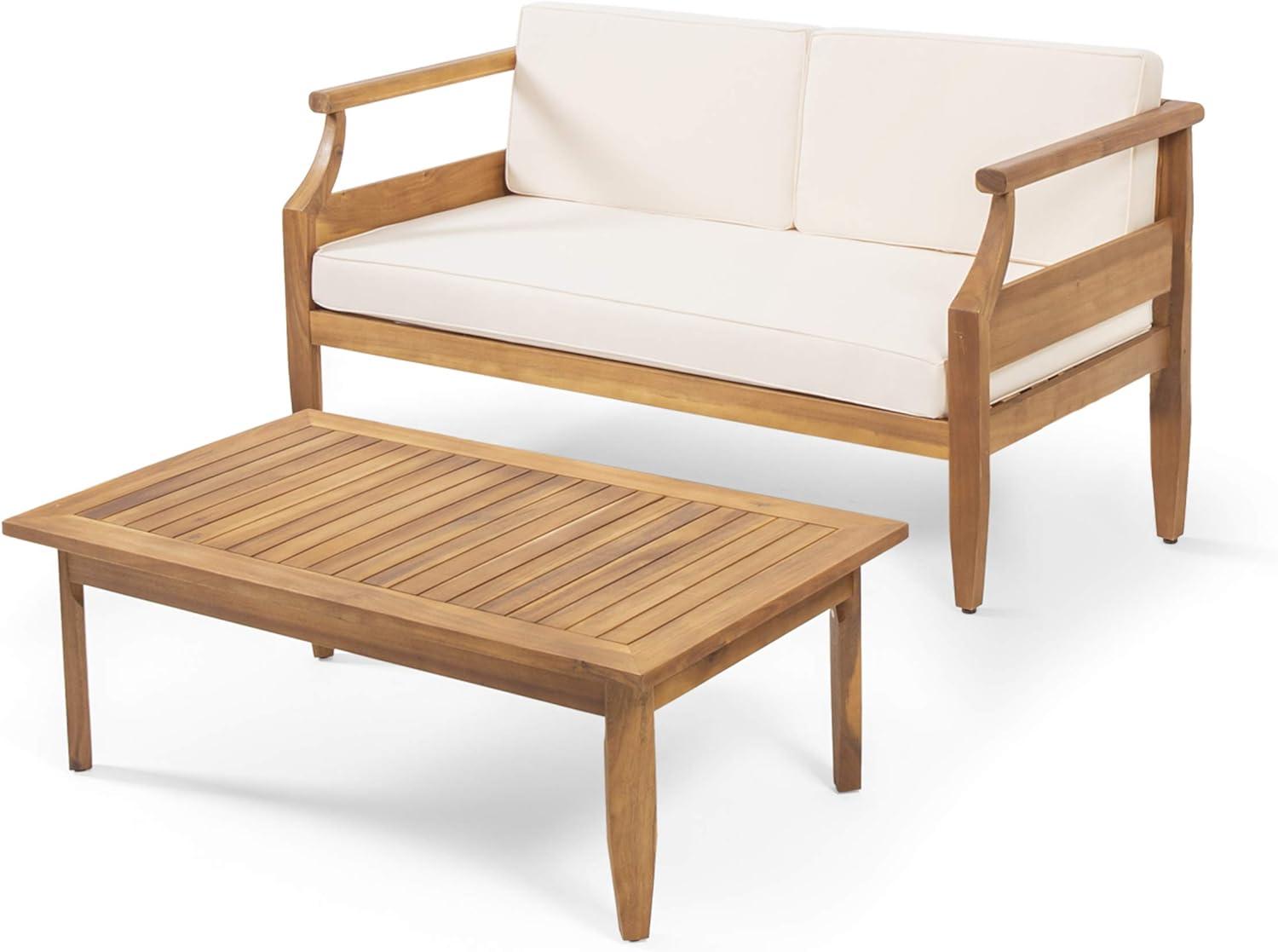 Aston Acacia Mid-Century Modern 2-Person Loveseat Set, Teak and Cream