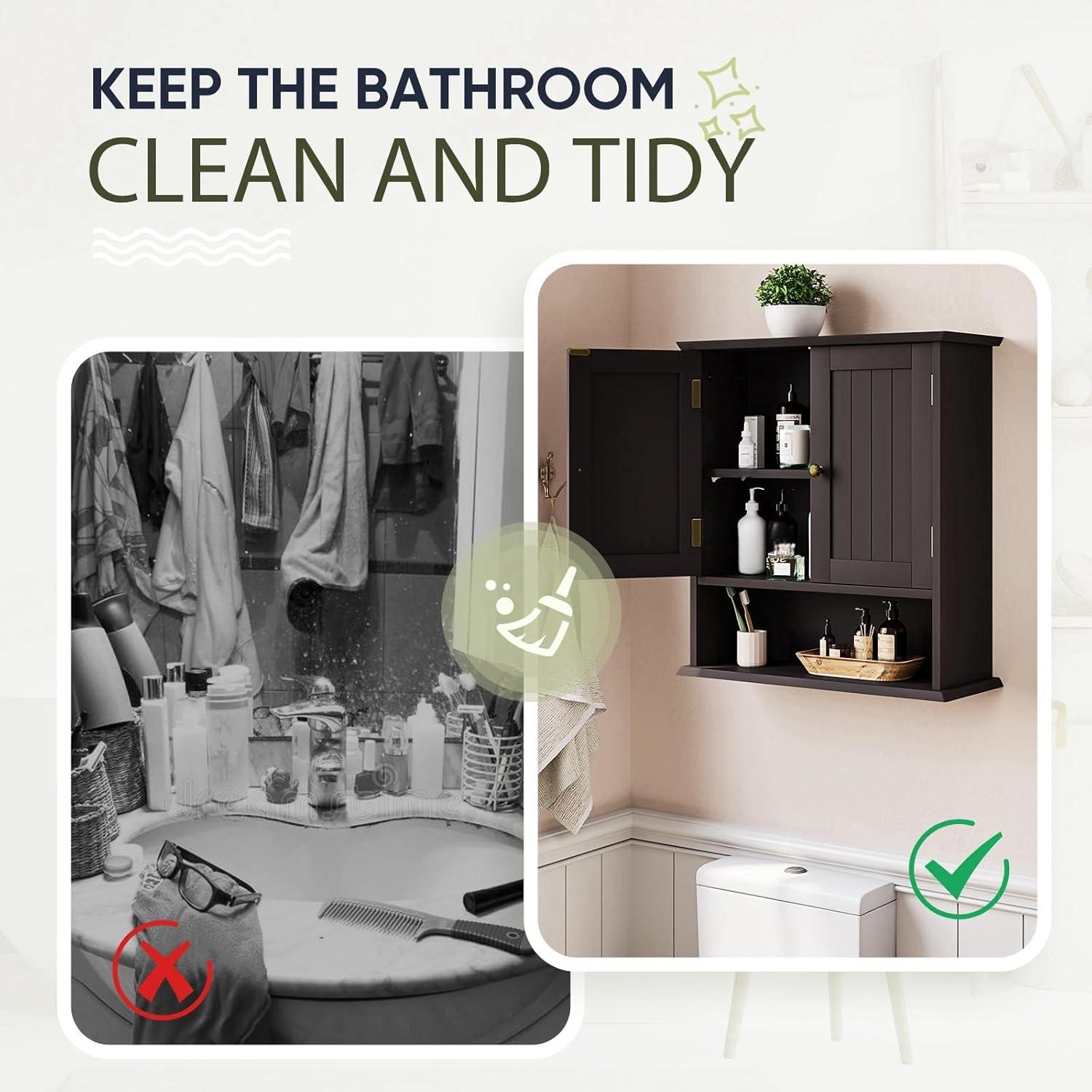 Semiocthome Bathroom Medicine Cabinet Wood 2 Doors Wall Cabinet over the Toilet Storage in Brown