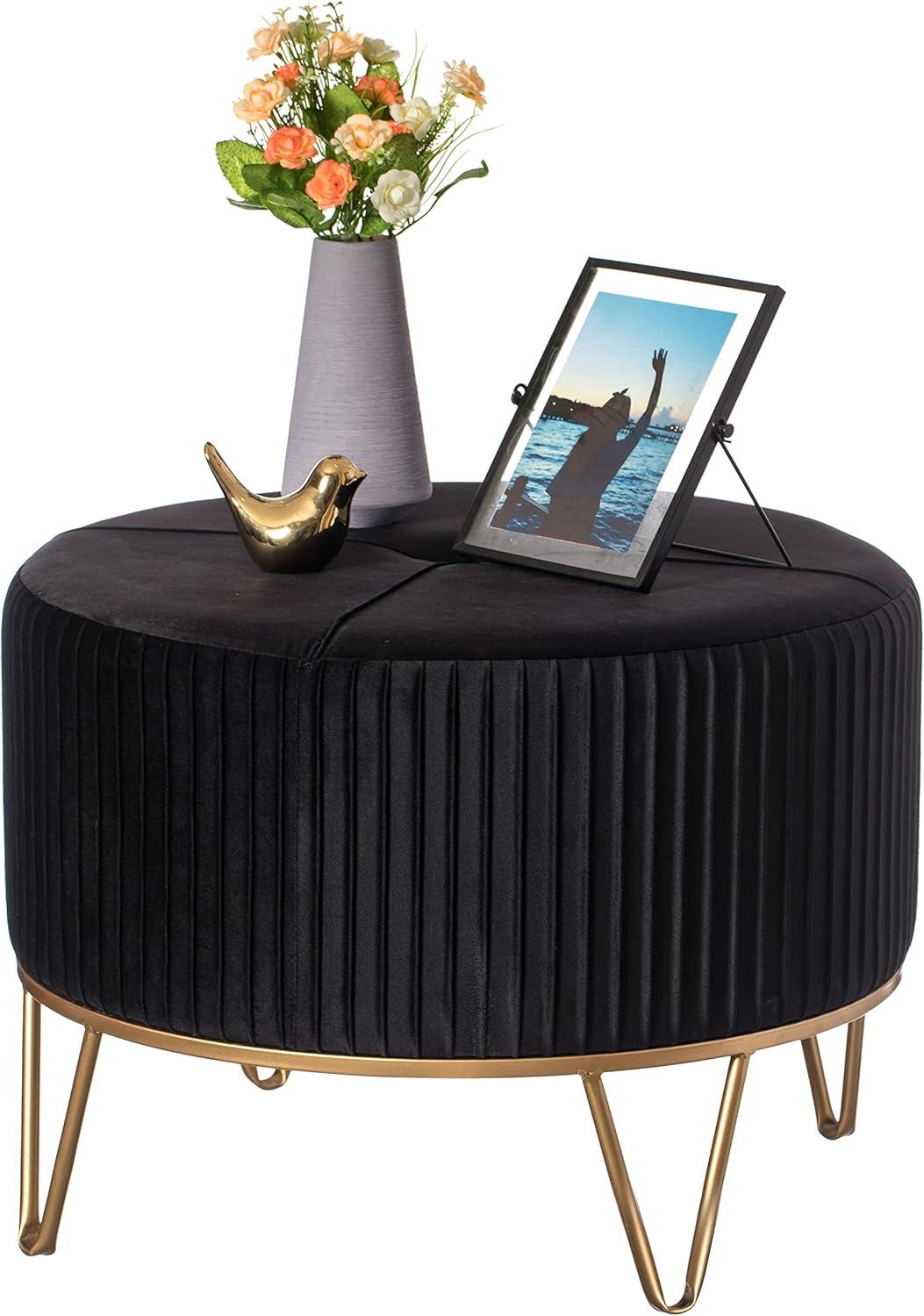 Fabulaxe Round Velvet Ottoman Stool Raised with Hairpin Gold Base, Black, Large