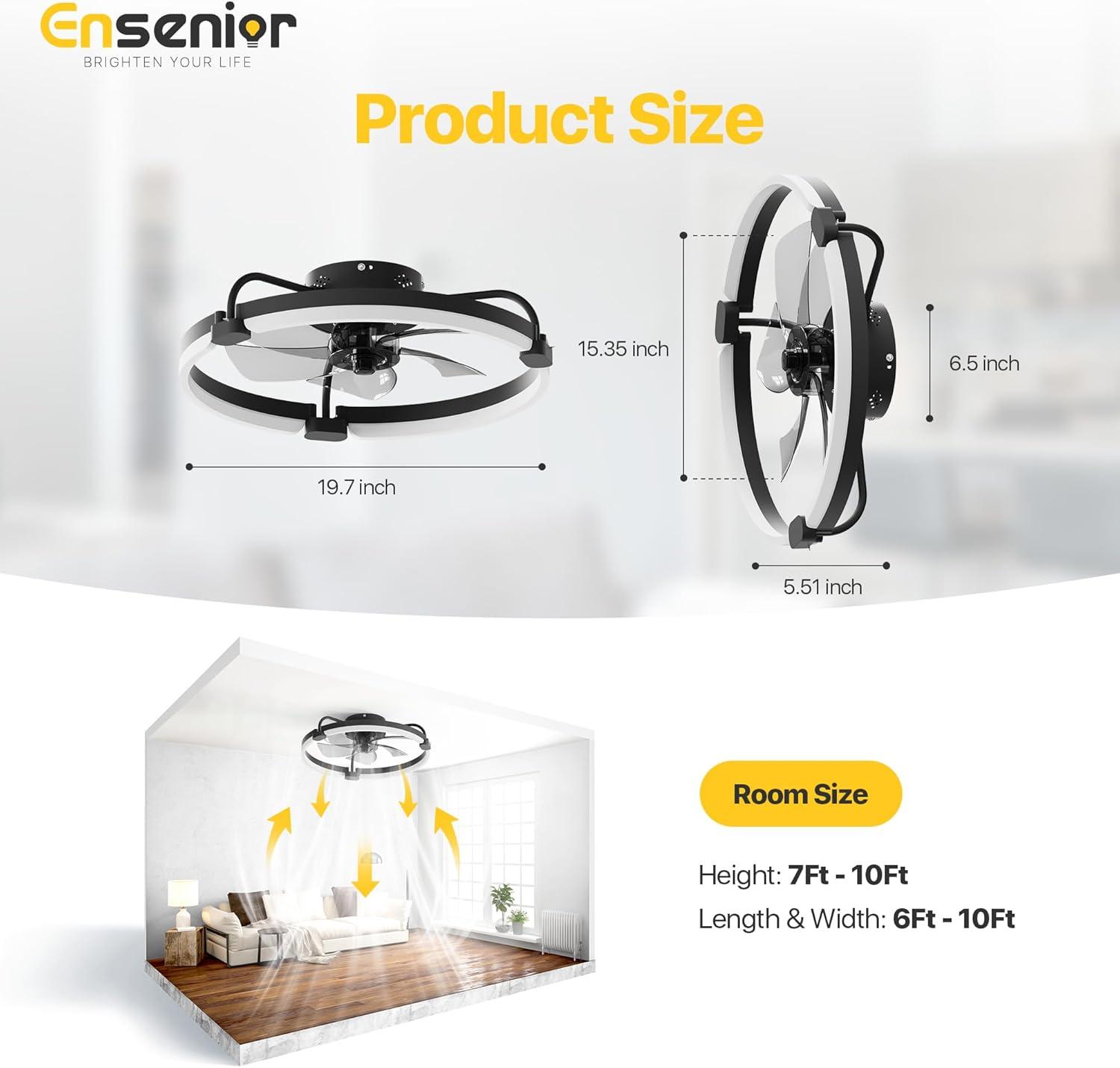 Ensenior 20'' Low Profile Ceiling Fans with Lights and Remote, Fandelier Ceiling Fan Flush Mount, APP Control, 6 Speed & 3000K-6500K Stepless Dimmable Small Ceiling Fan with Light for Bedroom - Black