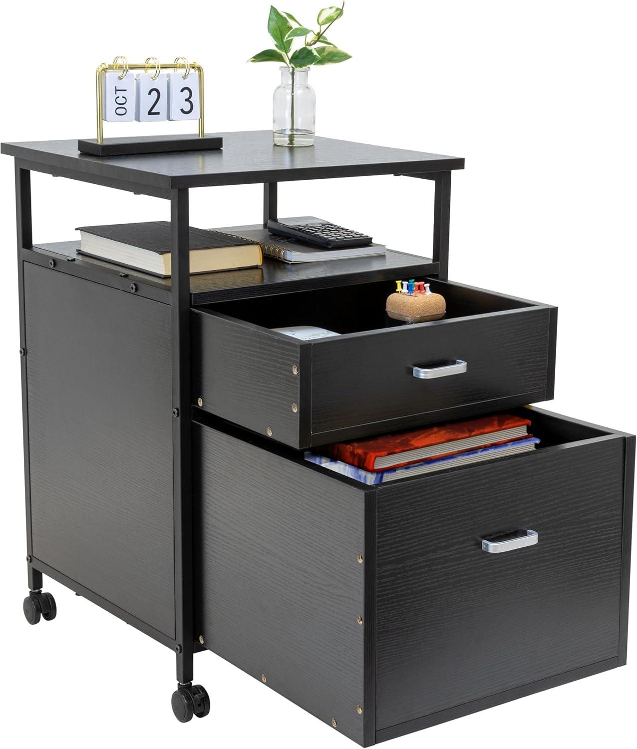 Mount-It! 2 Drawers Rolling File Cabinet, 4 Casters for Easy Mobility,  17.3" W x 16.5" D x 26.18" H, Black