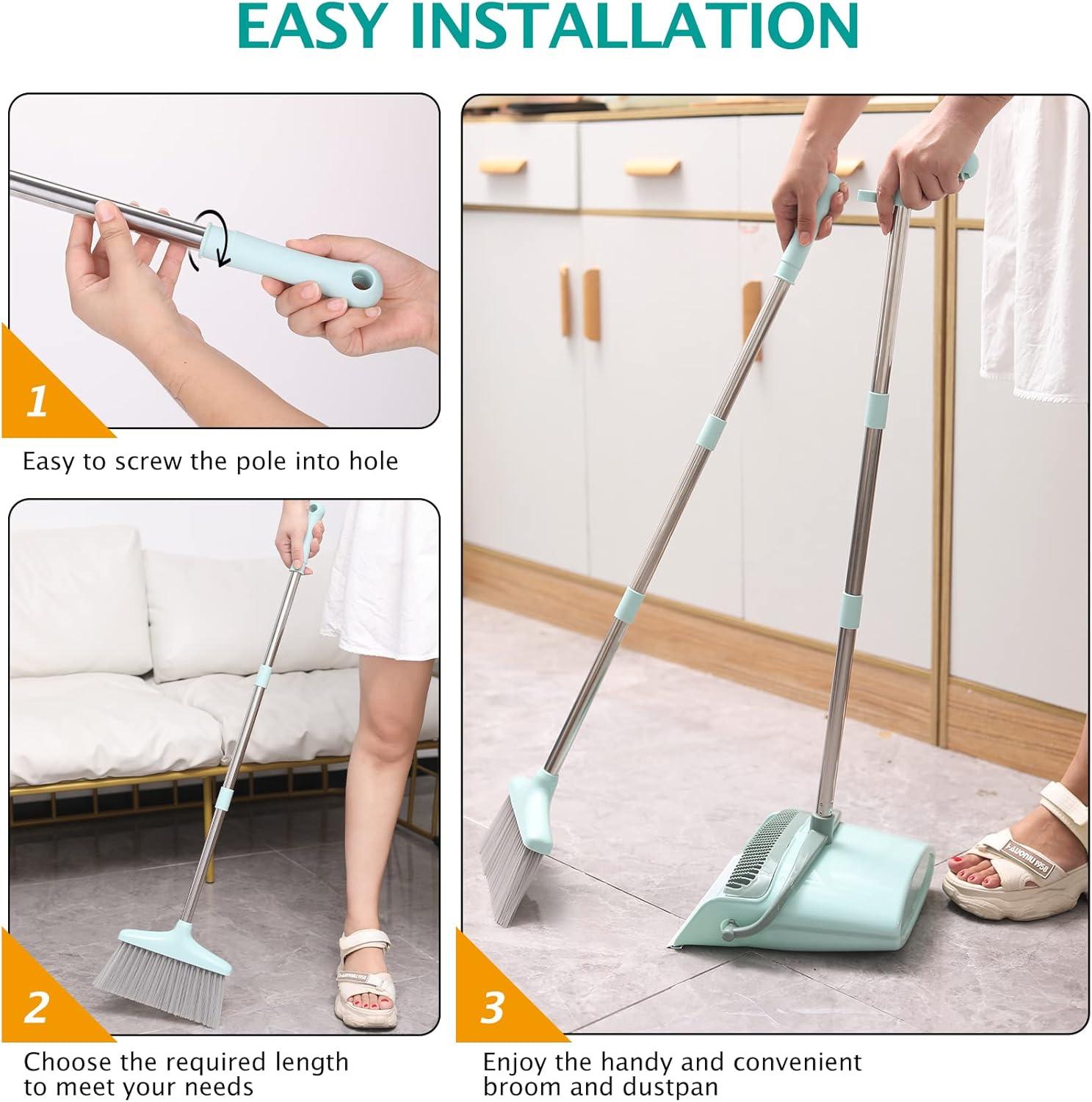 QUALITY FLOORING INC. Broom And Dustpan Set For Home, Broom With Dustpan Cleaning Teeth Combo Set, Indoor Sweep Broom, 55” Long Handle Broom For Office Home Kitchen Lobby Floor