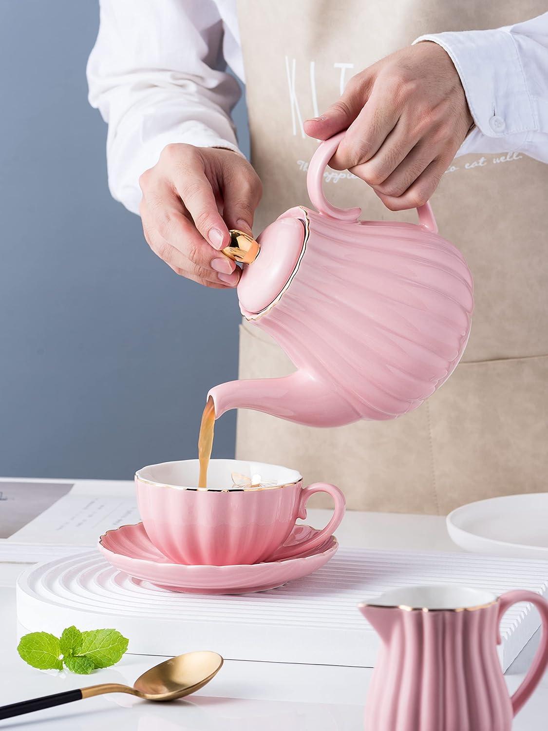 Pink Fine China Coffee and Tea Set with Stand, 17-Piece