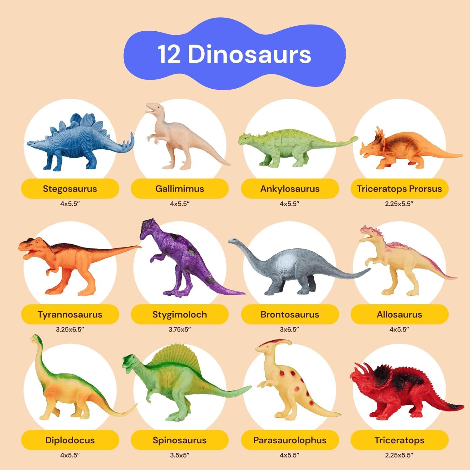 PLAYVIBE Dinosaur Toys for Kids - 12 Realistic Small Dinosaur Figures with Metal Storage Box & Soft Dino for Boys and Girls 3-7 Years - Spinosaurus Toddler Toys