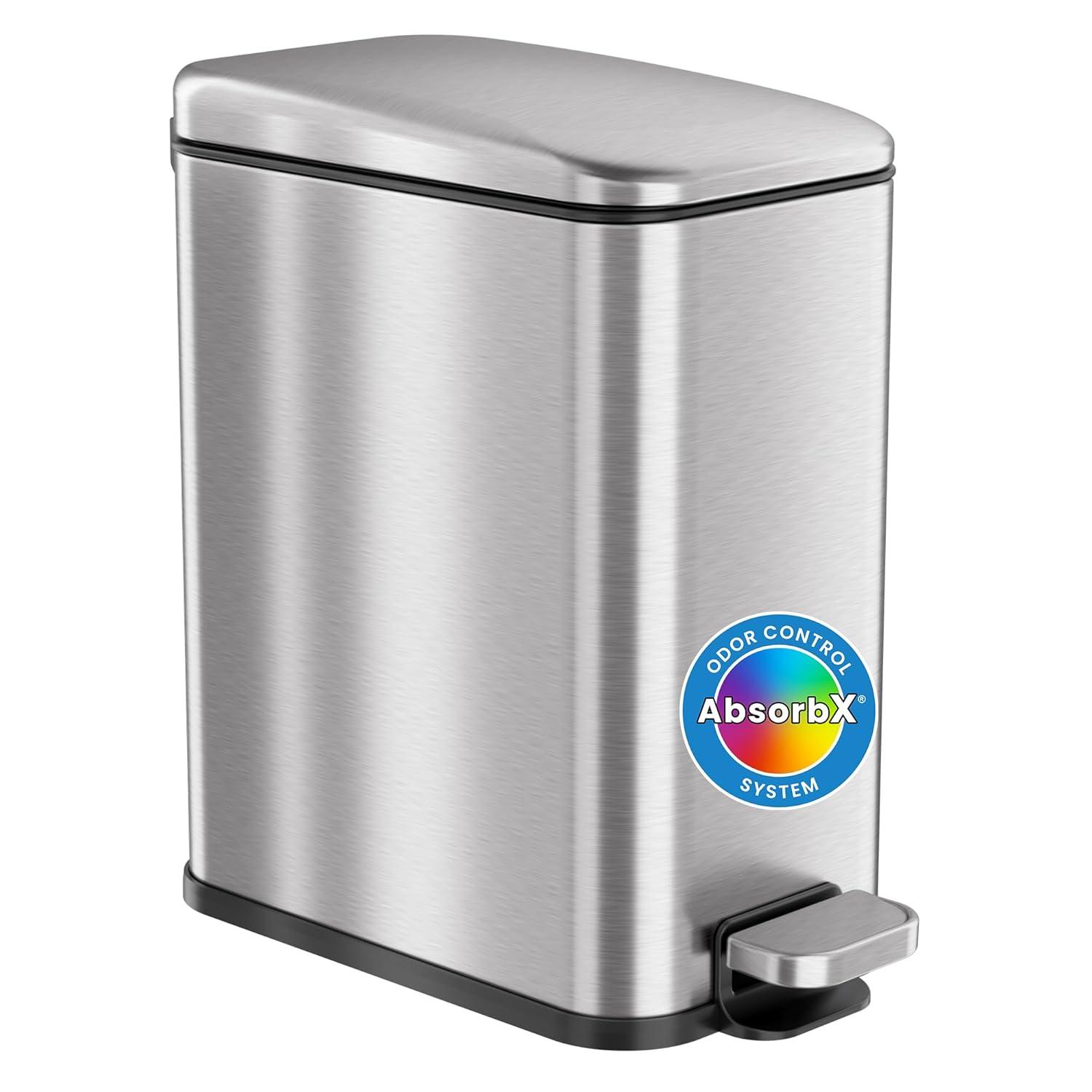 iTouchless SoftStep Step Pedal Bathroom Trash Can with AbsorbX Odor Filter 1.32 Gallon Silver Stainless Steel