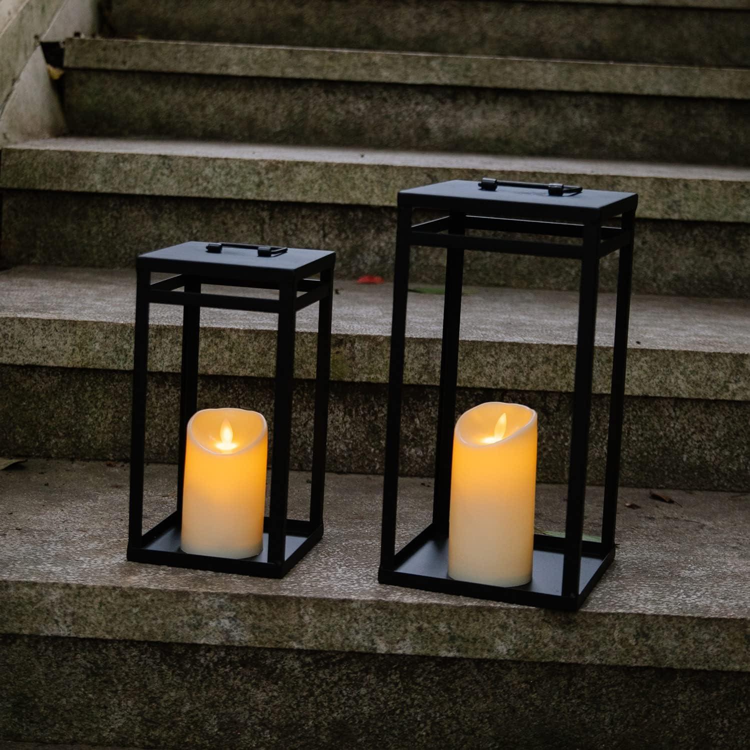 Black Metal LED Candle Lanterns Set with Timer, 15.8'' & 12.6''